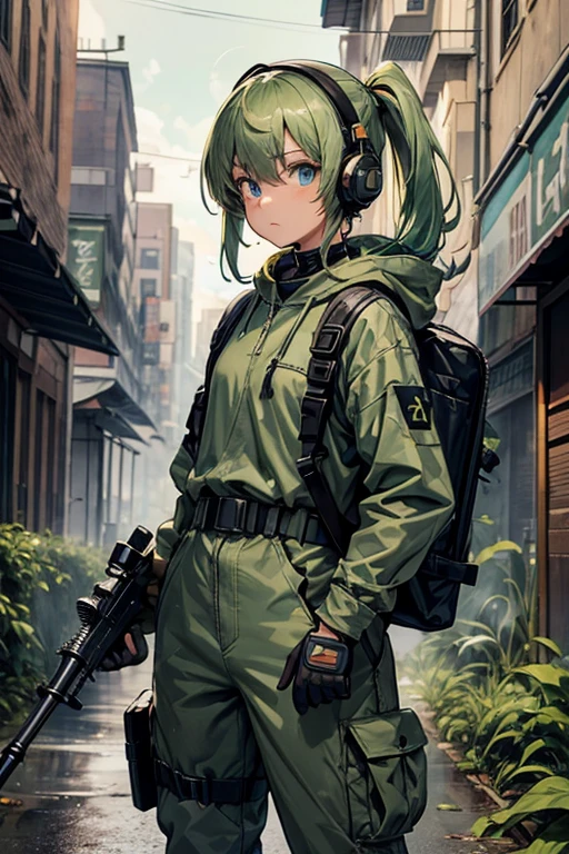 masterpiece, top-quality, MGS3EVA, tan jumpsuit, blue eyess, headphones around neck,Green hair, a belt, gloves, boots, Wagas, in jungle、Small、,Black rubber suit、Torn、polo、Fighting、gas masks、Camouflage pattern、younggirl、Black inner、backpack、Heavy equipment、guns、Shooting stance、Creeping forward、sniper rifles