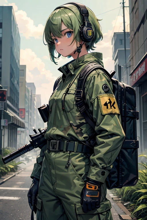 ​masterpiece, top-quality, MGS3EVA, tan jumpsuit, blue eyess, headphones around neck,Green hair, a belt, gloves, boots, Wagas, in jungle、Small、,Black rubber suit、Torn、polo、Fighting、gas masks、Camouflage pattern、younggirl、Black inner、backpack、Heavy equipment、guns、Shooting stance、Creeping forward、sniper rifles