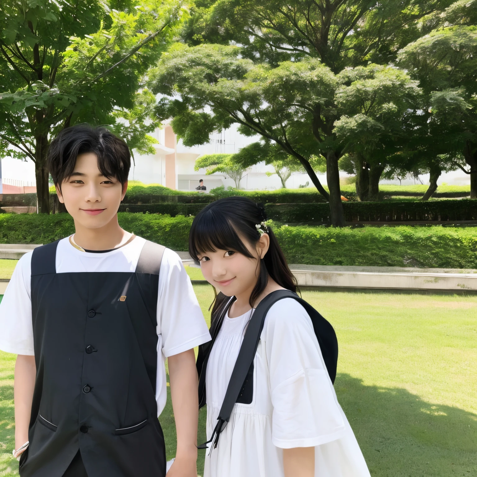 One boy and one girl lined up、It's a couple。The two of them were playing peace together.、the background is white。
