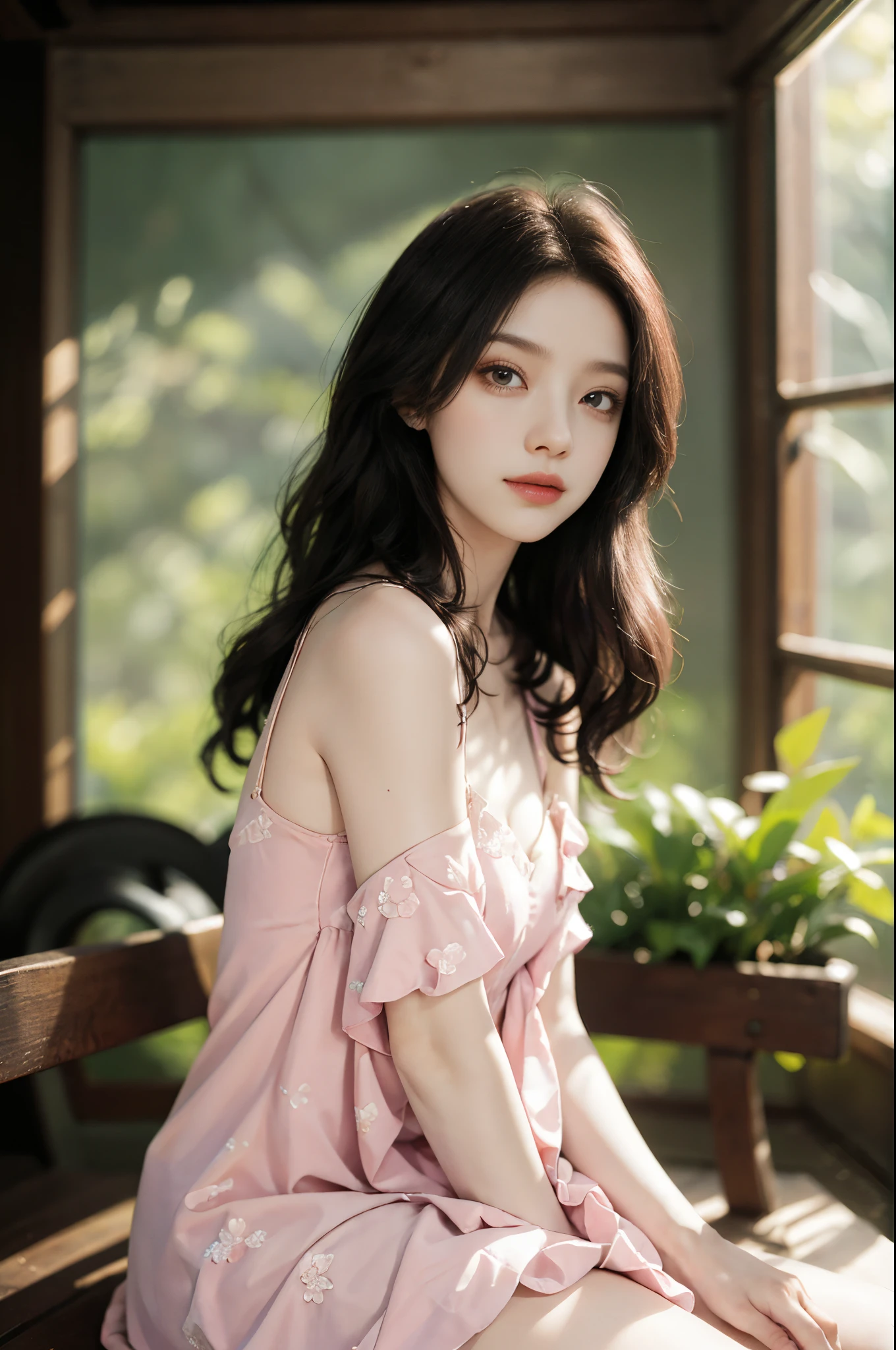 MiS5, fashi-girl, red lips, mature female, makeup, Big eyes, Pretty eyes, ((full body)), ((Random shooting angles)), (best quality, masterpiece:1.2), ultra-detailed, (realistic:1.37), beautiful, youthful, glamorous model with (detailed eyes, detailed lips, extremely detailed eyes), with white and floral colors, showcasing a radiant smile, creating a breathtaking depiction of a girl, Warm tones, extremely high color saturation, official art, extremely detailed CG unified 8k wallpaper,(High dynamic range :1.4), (cinematic),(soft colors, dull colors, soothing tones :1.3), (natural skin texture, ultra-realistic, soft light, sharp),(very detailed), Night, moonlight, In an antique pavilion, sit on a bench against the guardrail