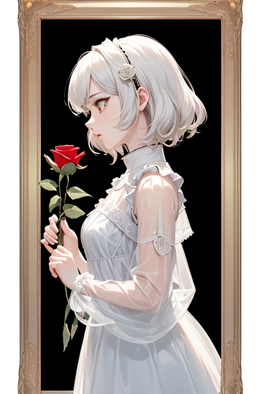 Highest Quality,perfect masterpiece,Perfect Artwork,Formula works,8K,, (Upper body portrait:1.3),((Seen from the side:1.5)),close-up lenses,Delicate face,, 17 years old,white-haired girl,(hakuhatsu:1.5),Short and medium hair,((White transparent eyes:1.5)),(White Dress:1.2),(Transparent clothing:1.2),(Black background:1.3),, Pearl Illusion,Cyberpunk,fashion trend,3S Material,hight resolution,Detailed expression,C4D,。((Picture frame effect with red roses)), .3D,Octane Rendering,Ray tracing,intricate-detail,Animated Lighting,Okrenderer,