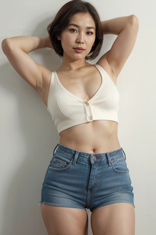 Ultra HD quality ，{Japanese woman}, {35 years old：1.5},{ Exposing armpits:1.5},{cardigan material sweater:1.2}，RREAK {sleeveless White mini pleated skirt}，{Show belly button}，{ legs open：1.5}，Front view，{Skin without spot}，{Seductive eye}，RREAK {light red lipstickk}，{Blue super short denim hot pants}，