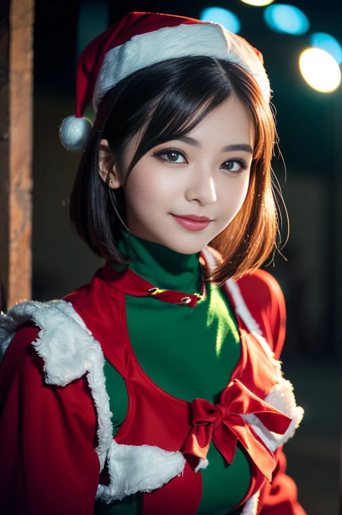 Heart shaped pupils, Cute eyes,(Dark light),(Night),((blue lights)),26 years old,Japanese-American mixed race, (Black hair), Wavy Hair, Short hair, ((eyes visible through hair)), (Small breasts), ((Plump full lip)), Cute Girl, Smile, ((Mature girl in Santa Claus costume:1.3, Green and red dress,  close to viewer),(thin and bright pupils:1.2, Delicate and beautiful eyes with highlights:1.3, ultradetailed eyes, high detailed face), ((Red coat)), (Ultra High Resolution, 8k RAW photo, photographrealistic, thin outline:1.3, Sharp focus quality, Cinematic lighting, textile shading, blurry backround, field of depth, Bokeh, (thin and bright pupils:1.2, Delicate and beautiful eyes with highlights:1.3, ultradetailed eyes, high detailed face),