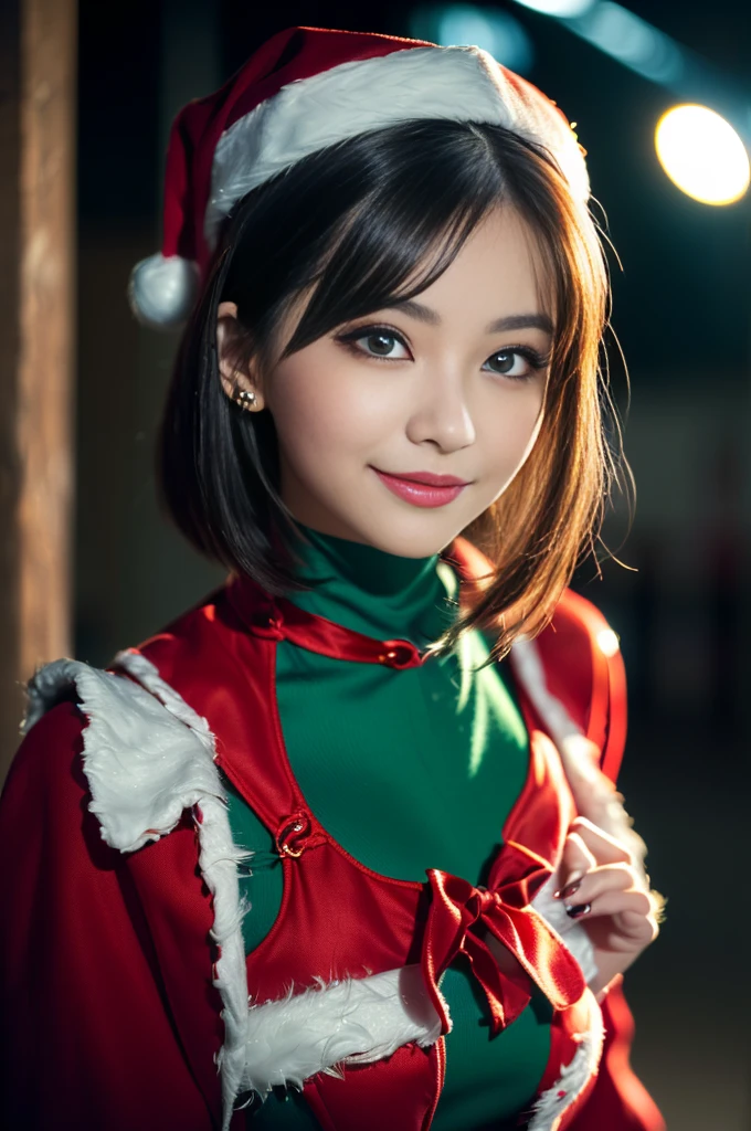 Heart shaped pupils, Cute eyes,(Dark light),(Night),((blue lights)),26 years old,Japanese-American mixed race, (Black hair), Wavy Hair, Short hair, ((eyes visible through hair)), (Small breasts), ((Plump full lip)), Cute Girl, Smile, ((Mature girl in Santa Claus costume:1.3, Green and red dress,  close to viewer),(thin and bright pupils:1.2, Delicate and beautiful eyes with highlights:1.3, ultradetailed eyes, high detailed face), ((Red coat)), (Ultra High Resolution, 8k RAW photo, photographrealistic, thin outline:1.3, Sharp focus quality, Cinematic lighting, textile shading, blurry backround, field of depth, Bokeh, (thin and bright pupils:1.2, Delicate and beautiful eyes with highlights:1.3, ultradetailed eyes, high detailed face),