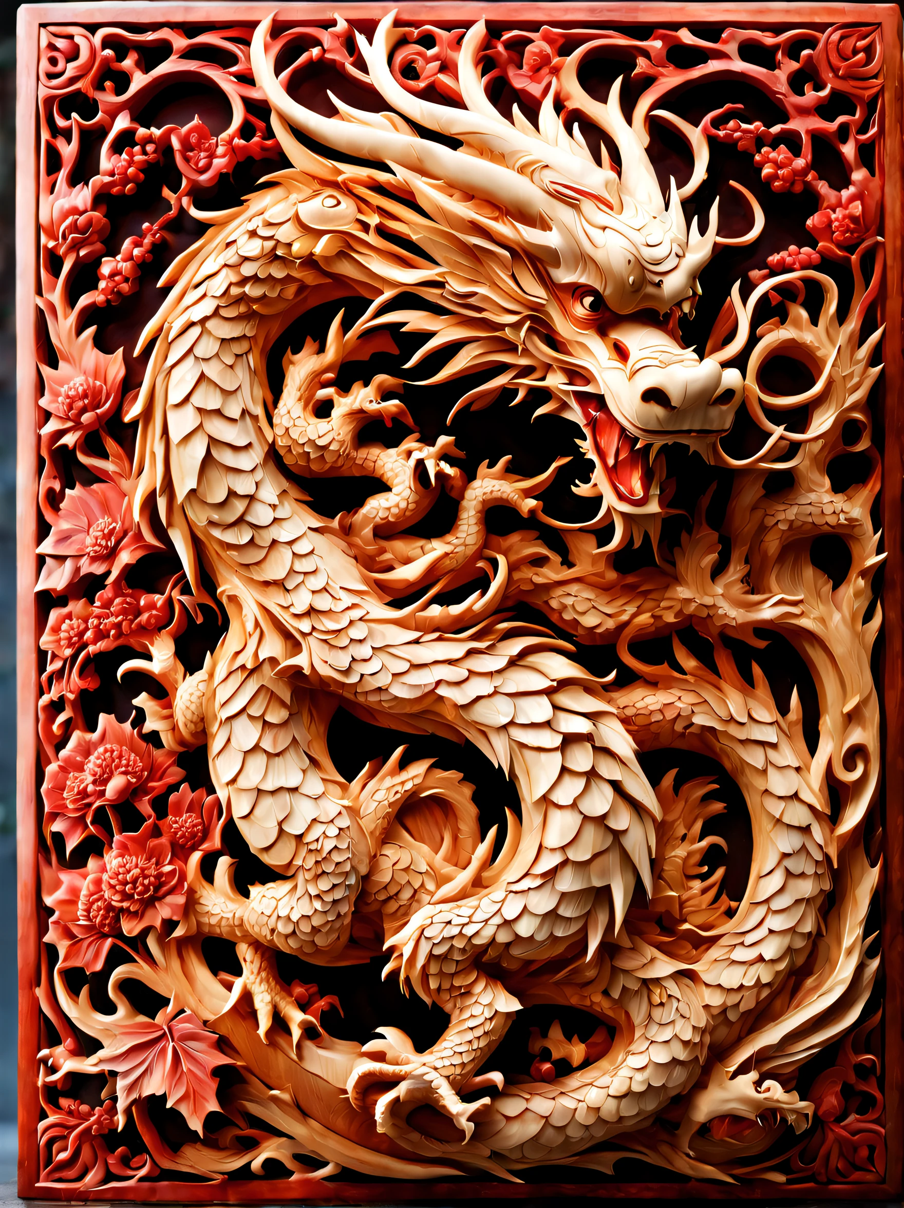 Wood carving, eastern dragon, China Dragon, wood carving art, Rad Maple, Red maple wood carving, carving, tmasterpiece, superb quality, Hyper-realistic, Feature photo, hight resolution, higly detailed, jewelry cutting