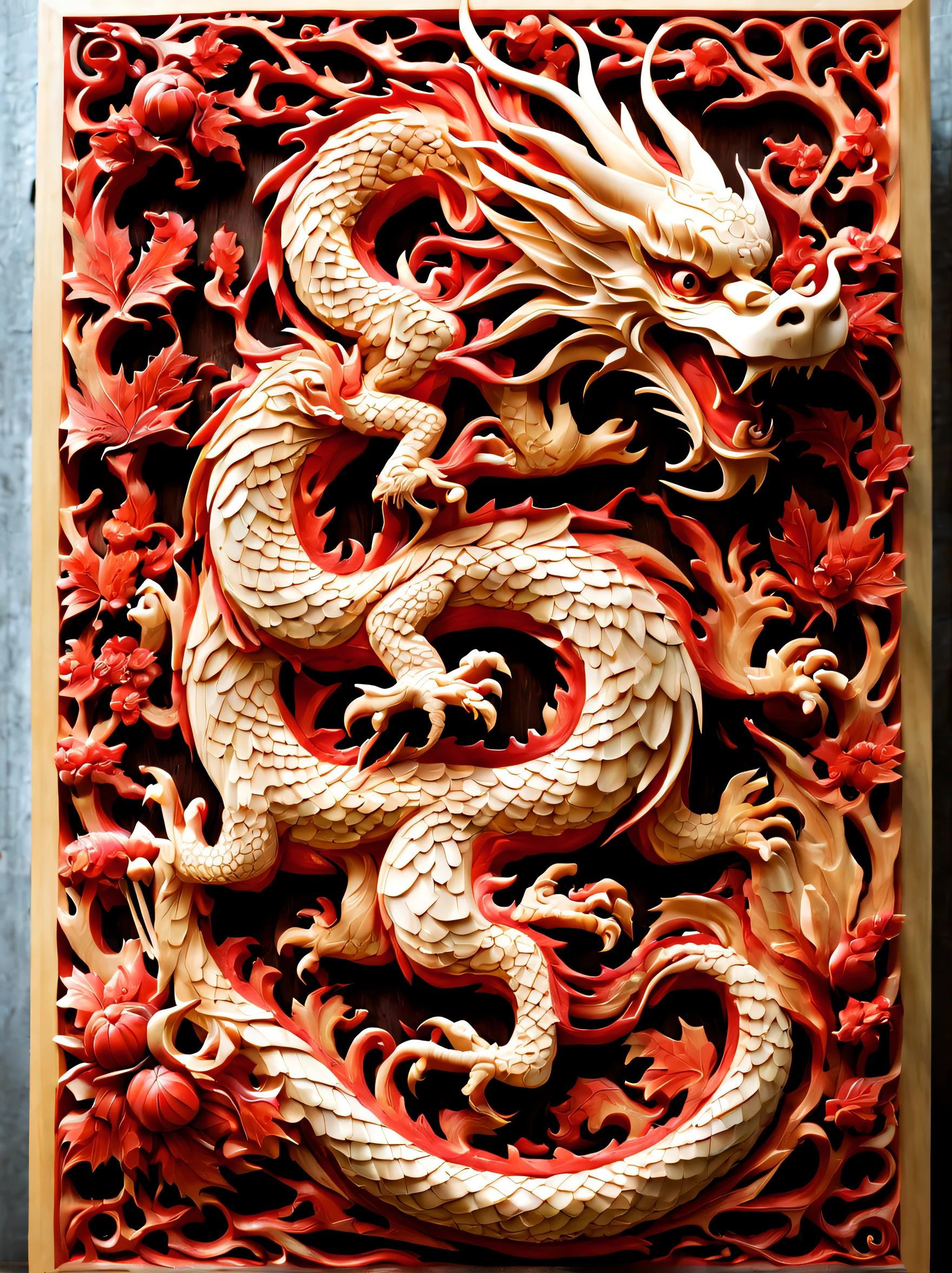 Wood carving, eastern dragon, China Dragon, wood carving art, Rad Maple, Red maple wood carving, carving, tmasterpiece, superb quality, Hyper-realistic, Feature photo, hight resolution, higly detailed, jewelry cutting