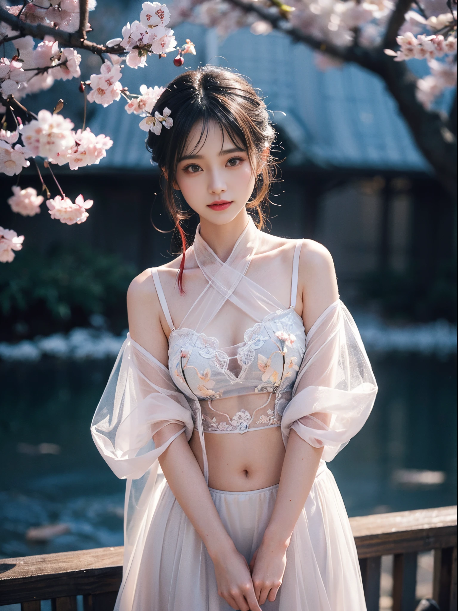 baggy clotheshoulders、Navel ejection、How to wear a skirt if the dark suspender tie  broken、Decorated with intricate patterns and pastel colors、Transparent material，Leave skin glowing、Artistic depiction of woman wearing wet cotton and transparent skin robe, Floral fantasy pattern paired with silky translucent skin。Her dress hugged her curves elegantly、Emphasize her captivating silhouette。She  the gentle night of fireworks、dynamicposes、lacivious pose、Bask in soft moonlight。The scene 、With a touch of mystery and sensibility、Exudes an ethereal and dreamy atmosphere。Image style 、It combines watercolor and digital illustration techniques.、Let you feel the exquisite beauty and charm。soft moonlight lighting、Casts soft highlights and shadows on her stunning features。dynamicposes、reach somewhere、see through、show through、Youn、Petals under the cherry blossom tree、Sakura NS、(cherry tree:1.5)、Sakura blizzard、funereal、Clean skin、dra、Translucent clothes、Upper body、garter net、the huge moon、Upper body photography、