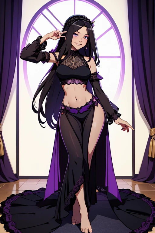 A beautiful, woman, wearing a floor-long wide frilly poofy black lace maxiskirt with a midriff-baring top and purple sleeves, a black lace veil, barefoot, happy facial expression.