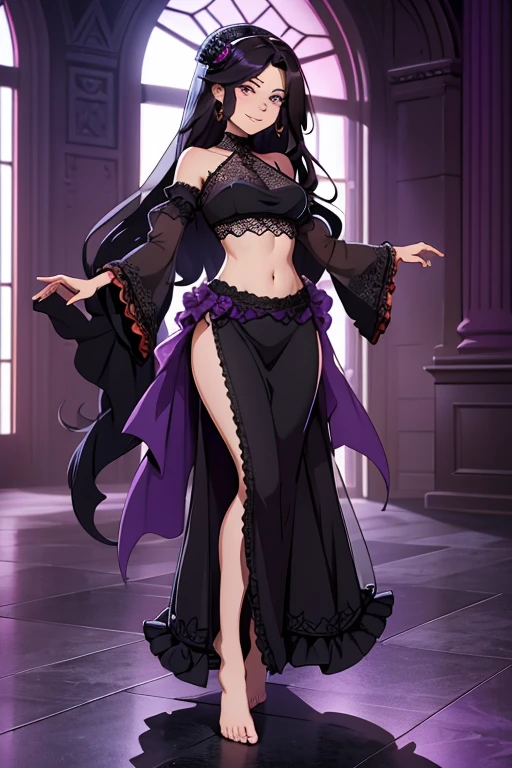 female, black long hair with magenta trim, silver eyes, wolf ears, wolf tail, (((1girl))), (((black royal dress with magenta trim))), (black fingerless opera gloves), (black stockings), (magenta heels), (gold jewelry), (gold bracelets), cute and sexy, full body, large breasts, long legs, smiling