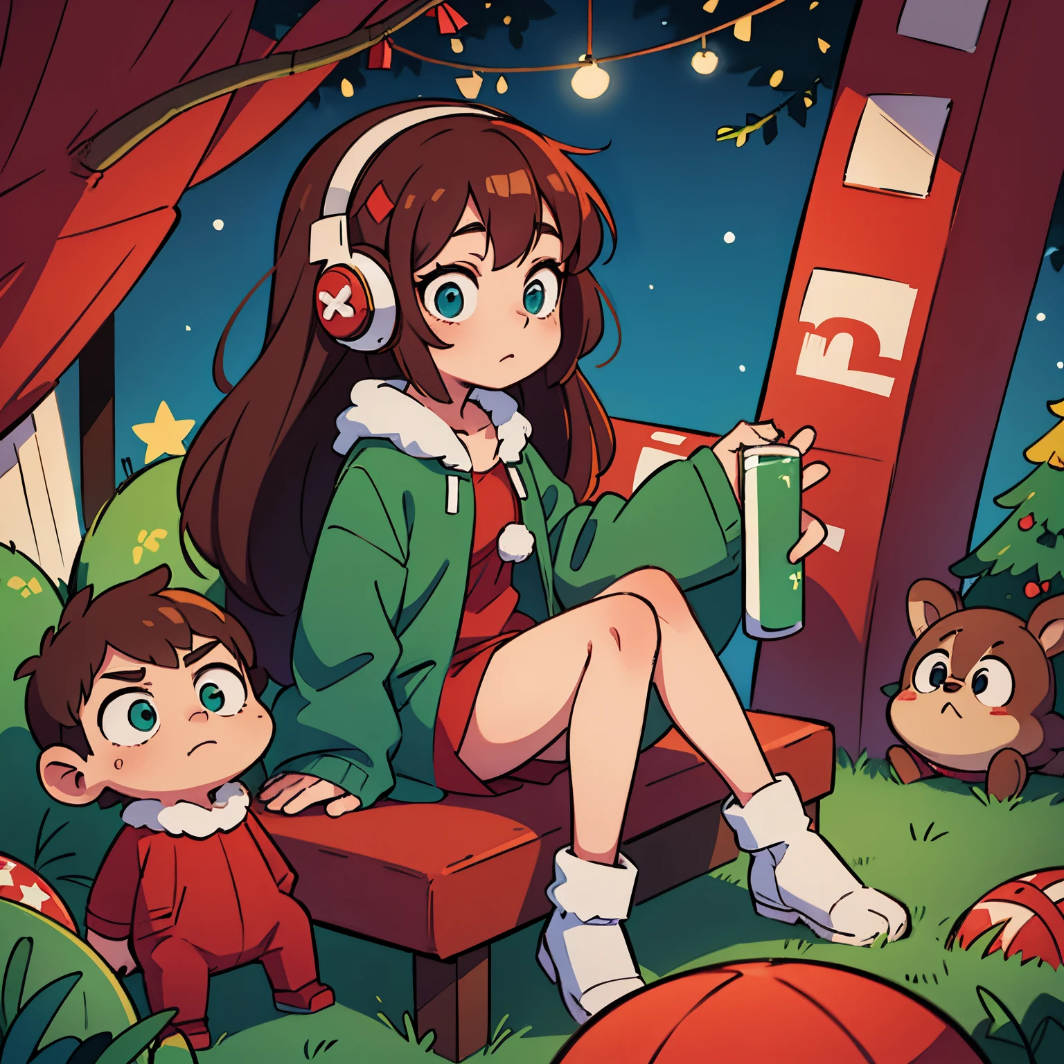Milpi anime girl, sitting and holding a candle in his hands, on New Year&#39;s Day&#39;red and green suit, and headphones of the same color, deep blue eyes with black pupils, with light brown hair, not very long, anime girl, against the background of a Christmas tree