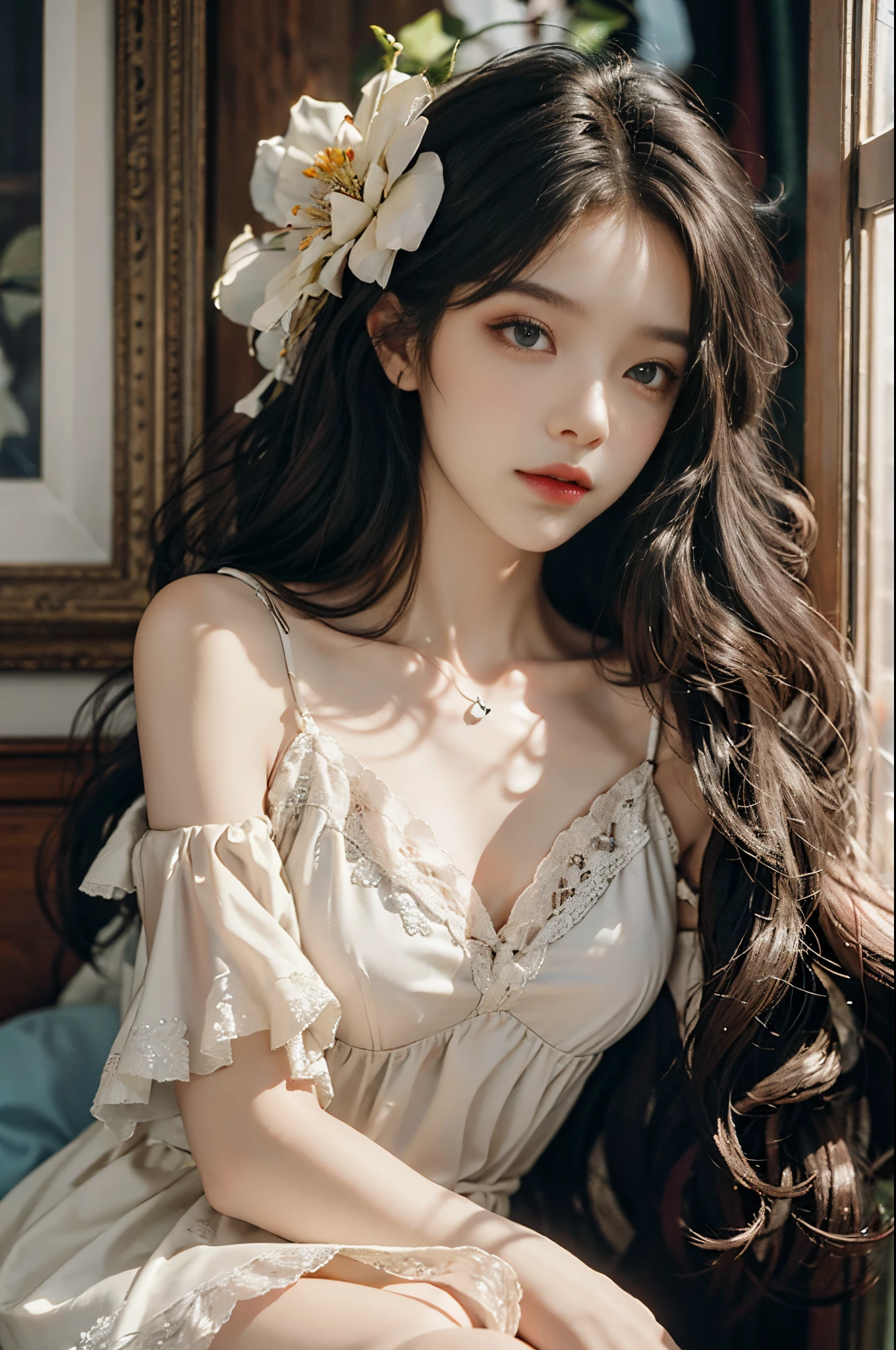 short,camisole,fashi-girl, red lips, mature female, makeup, Big eyes, Pretty eyes, ((full body)), ((Random shooting angles)), (best quality, masterpiece:1.2), ultra-detailed, (realistic:1.37), beautiful, youthful, glamorous model with (detailed eyes, detailed lips, extremely detailed eyes), with white and floral colors, showcasing a radiant smile, creating a breathtaking depiction of a girl, Warm tones, extremely high color saturation, official art, extremely detailed CG unified 8k wallpaper,(High dynamic range :1.4), (cinematic),(soft colors, dull colors, soothing tones :1.3), (natural skin texture, ultra-realistic, soft light, sharp),(very detailed), Night, moonlight, In an antique pavilion, sit on a bench against the guardrail