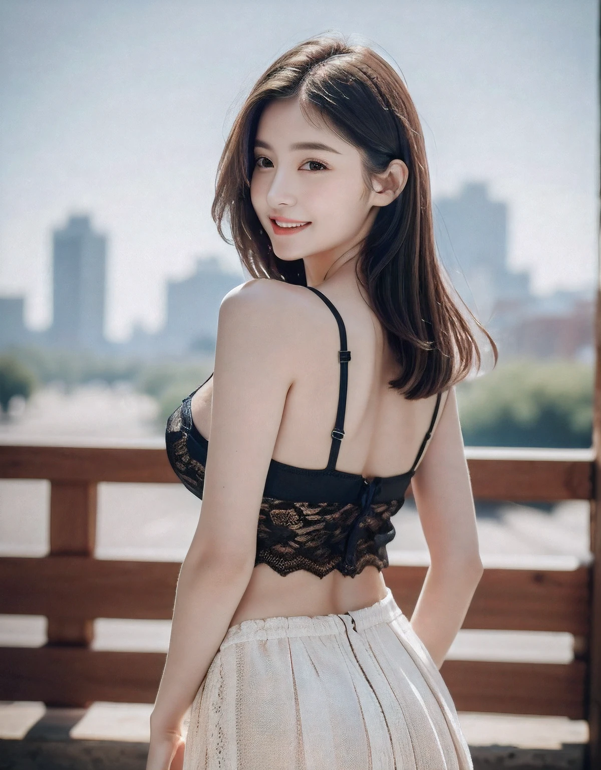 Best Quality, White skin, Real Human Skin, (Detailed face), oval-face, pores, 超A high resolution, (8K, Raw photo, Photorealistic:1.4), BREAK, twins, Two girls, cheek-to-cheek, slim, (largebreasts:1.37, cleavage), (Look straight at the viewer with calm, goddess-like happiness:1.2, lightsmile:1.15, Happy, :1.15, Stylish Model Pose:1.3, Standing:1.37, arms behind back:1.37), (Lifter Gloss, Eyelashes, glosace, Best Quality, 超A high resolution, Broad lighting, Natural Shading), nice appearance, Shiny blonde twin-tailed hair:1.37, (Detailed Black Lace Camisole:1.3, Box Pleated Skirt:1.37), Cityscape, Fashion Street Venue, Barry's Background, Bokeh, depth of fields, (Cowboy Shot:1.3), Centered image, Perfect Anatomy, perfectly proportions,