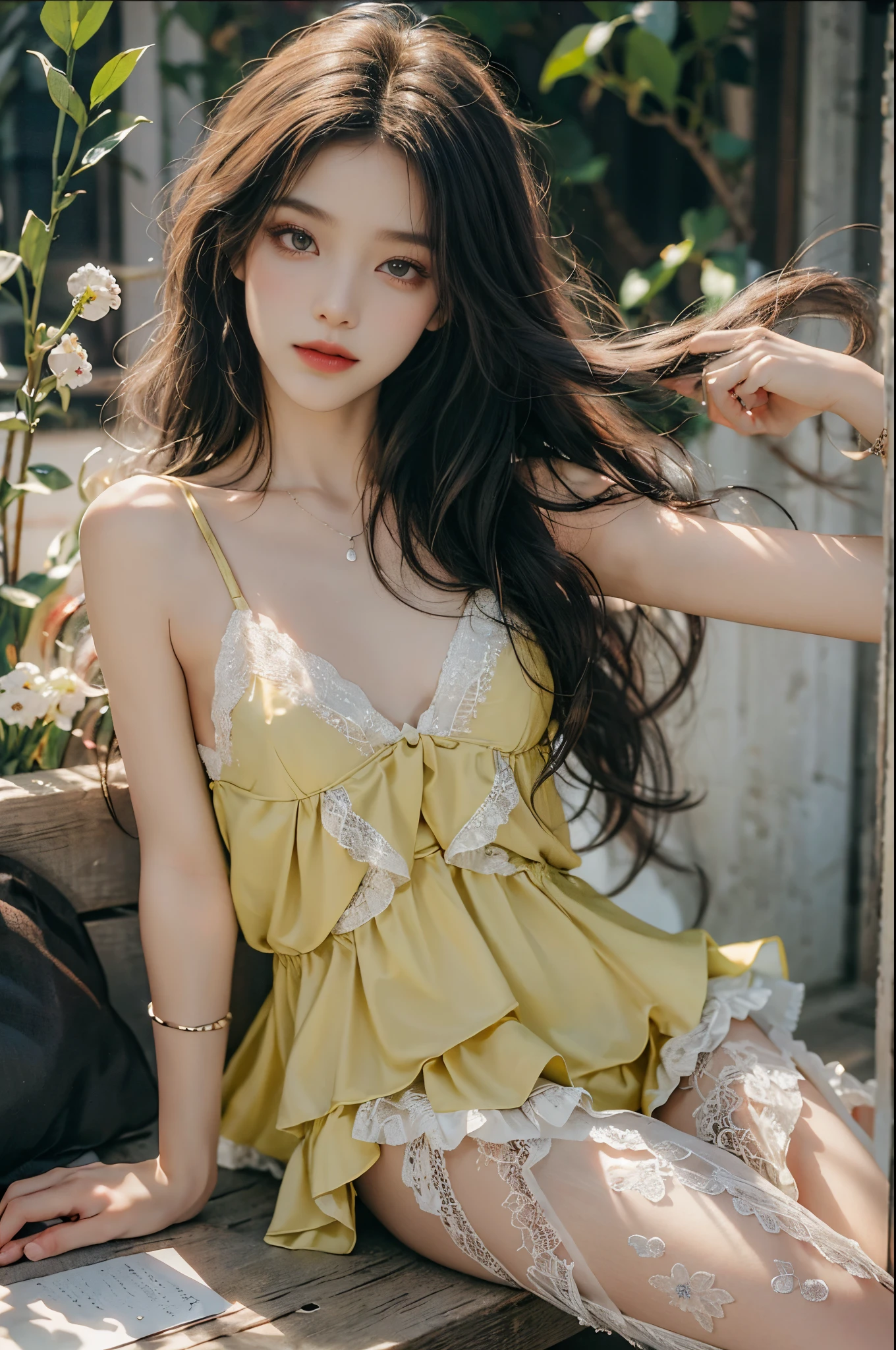 short,camisole,fashi-girl, red lips, mature female, makeup, Big eyes, Pretty eyes, ((full body)), ((Random shooting angles)), (best quality, masterpiece:1.2), ultra-detailed, (realistic:1.37), beautiful, youthful, glamorous model with (detailed eyes, detailed lips, extremely detailed eyes), with white and floral colors, showcasing a radiant smile, creating a breathtaking depiction of a girl, Warm tones, extremely high color saturation, official art, extremely detailed CG unified 8k wallpaper,(High dynamic range :1.4), (cinematic),(soft colors, dull colors, soothing tones :1.3), (natural skin texture, ultra-realistic, soft light, sharp),(very detailed), Night, moonlight, In an antique pavilion, sit on a bench against the guardrail