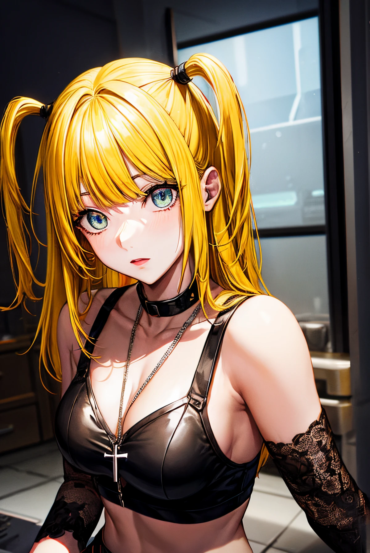 misaamane, misa amane, long hair, bangrown eyes:1.7), (yellow hair:1.5), blunt bangs, (two side up:1.5), red lips, lipstick, solo, 1girl,
BREAK thighhighs, jewelry, collarbone, boots, detached sleeves, choker, black thighhighs, necklace, black footwear, black thong, black crop top, cleavage, medium breasts, garter straps, cross, red nails, cross necklace,
BREAK looking at viewer,
BREAK indoors,
BREAK (masterpiece:1.2), best quality, high resolution, unity 8k wallpaper, (illustration:0.8), (beautiful detailed eyes:1.6), extremely detailed face, perfect lighting, extremely detailed CG, (perfect hands, perfect anatomy),