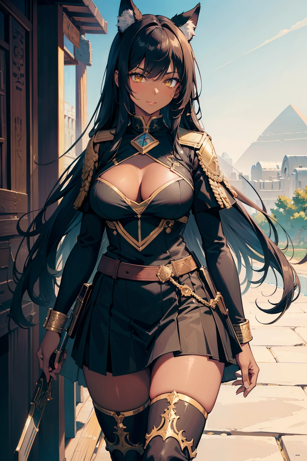 (masterpiece, best quality:1.2), illustration, 8k, hd, 1girl, solo, 1girl, dark skin, black hair, wolf ears, Egyptian, military uniform, yellow eyes, looking at viewer, roguish smirk, long hair, large breasts, desert, thigh high boots, outdoors, standing, black skirt, cowboy shot,