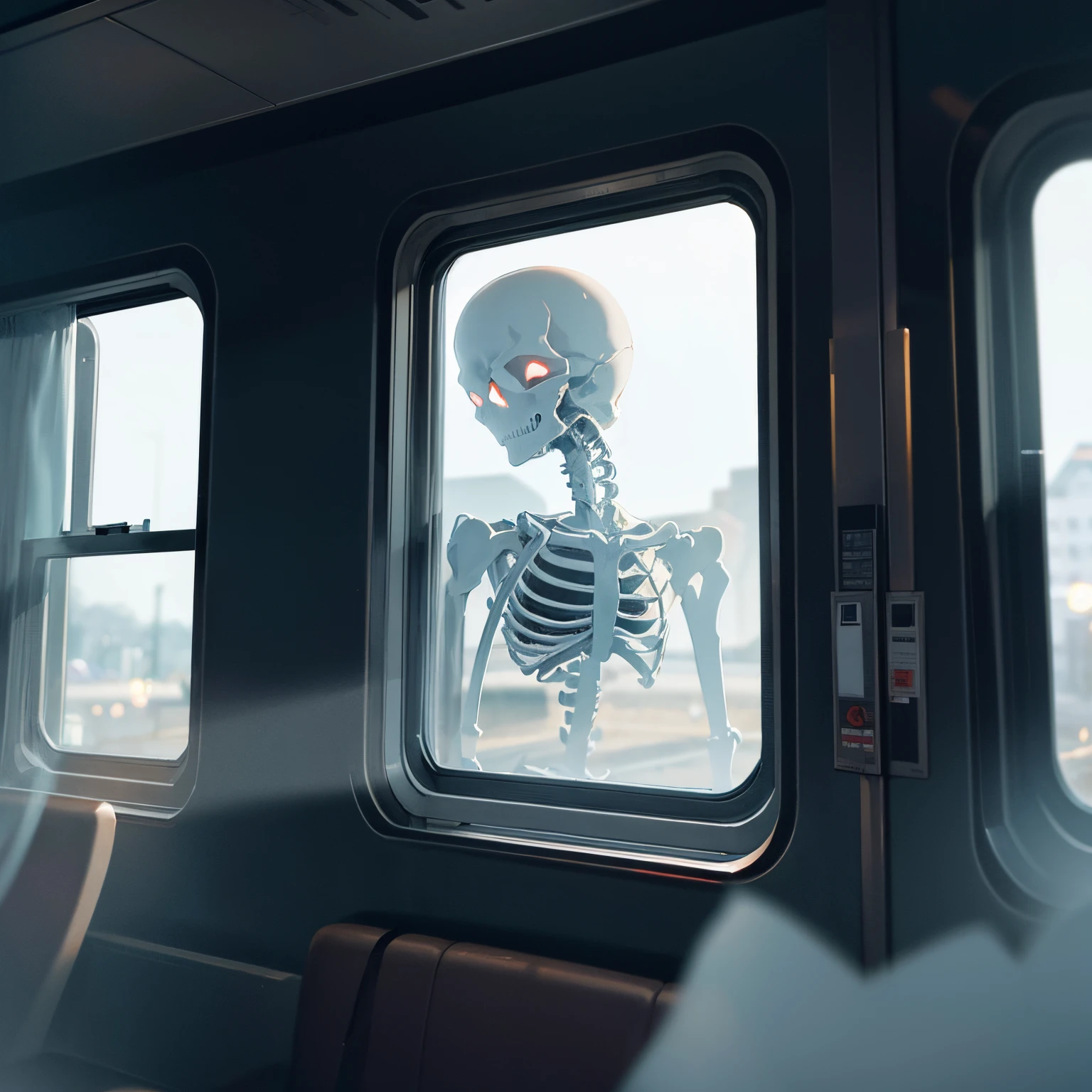 train window,A skeleton ghost wearing black clothes floats outside the window