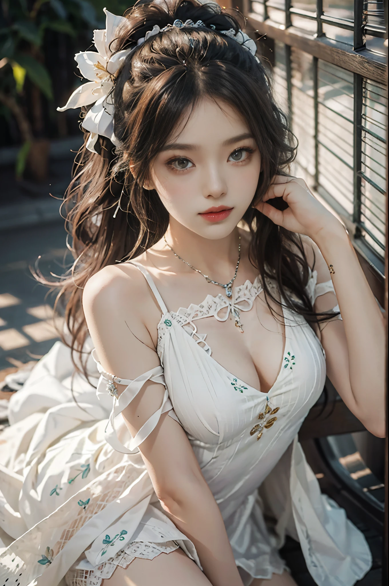 Special clothes58,white dress,pantyhose,green ribbon,striped,camisole,fashi-girl, red lips, mature female, makeup, Big eyes, Pretty eyes, ((full body)), ((Random shooting angles)), (best quality, masterpiece:1.2), ultra-detailed, (realistic:1.37), beautiful, youthful, glamorous model with (detailed eyes, detailed lips, extremely detailed eyes), with white and floral colors, showcasing a radiant smile, creating a breathtaking depiction of a girl, Warm tones, extremely high color saturation, official art, extremely detailed CG unified 8k wallpaper,(High dynamic range :1.4), (cinematic),(soft colors, dull colors, soothing tones :1.3), (natural skin texture, ultra-realistic, soft light, sharp),(very detailed), Night, moonlight, In an antique pavilion, sit on a bench against the guardrail