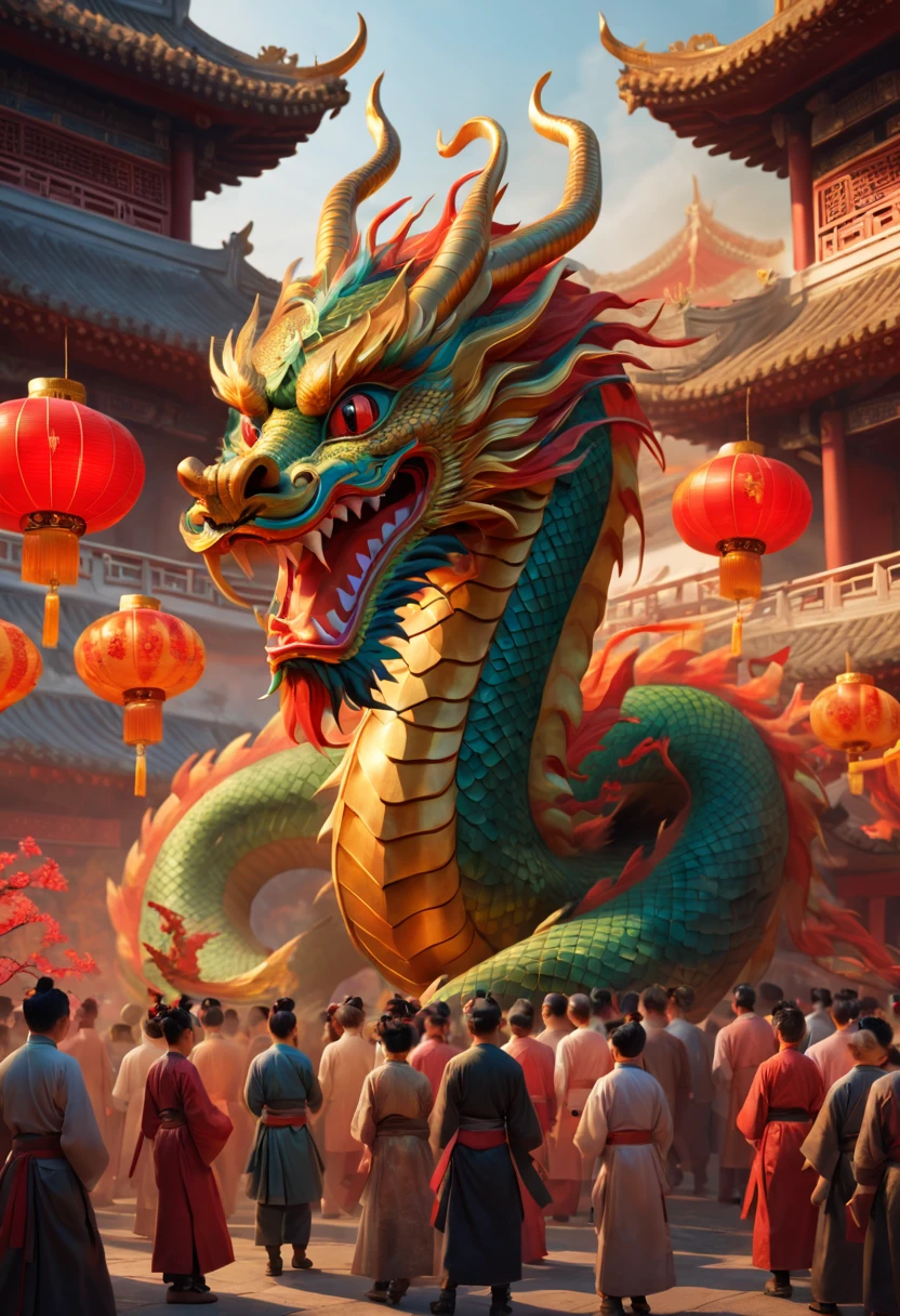 A festival scene with a Chinese dragon, vibrant colors, and dynamic lighting. The dragon is the centerpiece of the scene, with its intricate scales and flowing movements capturing the attention of viewers. The dragon's majestic presence is emphasized by the art style, with a combination of traditional Chinese painting and modern digital rendering techniques. The festival atmosphere is filled with excitement and joy, with crowds of people gathered to witness the dragon's performance. The dragon's head is exquisitely detailed, with expressive eyes and intricate facial features. Its body is long and sinuous, adorned with vibrant colors and elaborate patterns. As it moves, the dragon's tail creates graceful arcs in the air, leaving a trail of vibrant colors in its wake. The scene is bathed in warm, golden light, casting gentle shadows on the dragon and the surrounding environment. The background features traditional Chinese architecture, with ornate rooftops and lanterns hanging from the eaves. The air is filled with the sounds of drums and cymbals, adding to the festive atmosphere. The atmosphere is further enhanced by the colorful decorations and traditional costumes worn by the people in the scene. The entire image exudes a sense of tradition, culture, and celebration. The level of detail and realism is of the highest quality, resembling a professionally crafted masterpiece. The colors are vivid and vibrant, with a harmonious color palette that complements the overall scene. The lighting is carefully designed to create a sense of depth and dimension, highlighting the dragon's features and bringing the entire scene to life. The prompt captures the essence of a Chinese dragon in a festival, showcasing its beauty, power, and cultural significance with stunning visual aesthetics. (best quality,4k,8k,highres,masterpiece:1.2),ultra-detailed,(realistic,photorealistic,photo-realistic:1.37),traditional Chinese painting, vibrant colors, dynamic lighting, festival atmosphere, expressive eyes, intricate scales, flowing movements, traditional Chinese architecture, traditional costumes, festive decorations, golden light, warm atmosphere, traditional culture, drum sounds, cymbals, sense of tradition, sense of celebration.