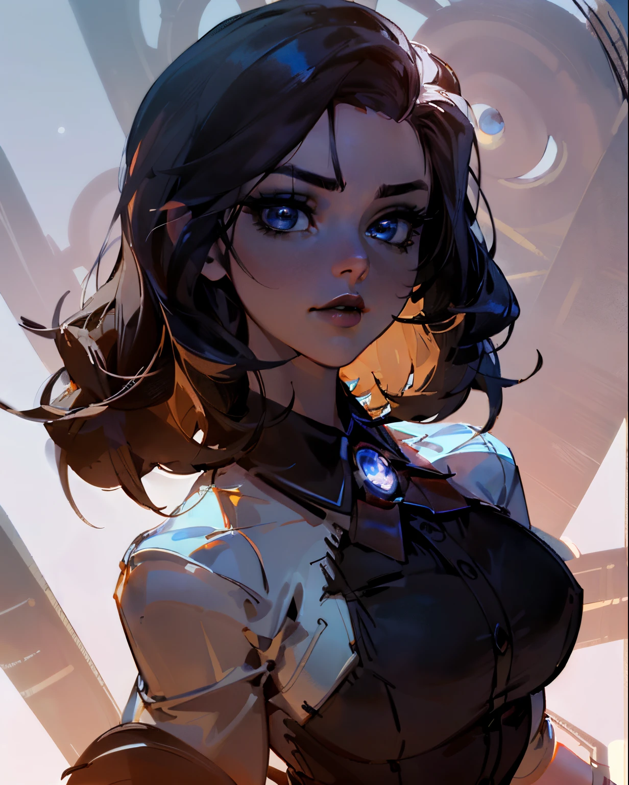 (Detailed Lights, Detailed Shadows), 1Woman, black Hair, (Elizabeth), Bioshock infinite, , White blouse, ((Detailed Eyes)), upper body Portrait, (Black Eyetremely Detailed Clotheodern Clotheeautiful Hair, Muscular, glowing blue eyes, puffy lips, large breasts, Hair Down, Extremely Detailed Background, Beautiful Background