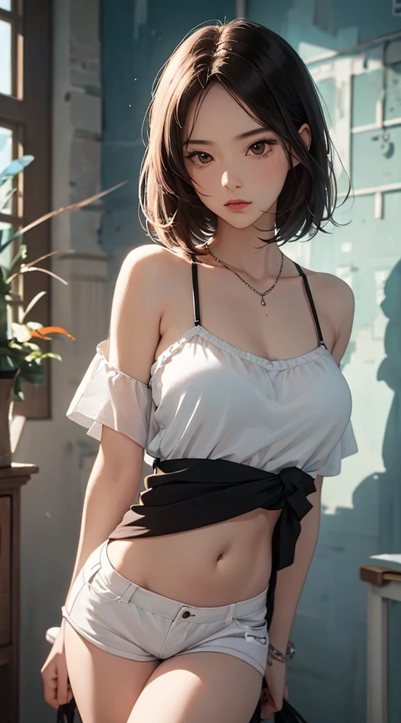 (((8k wallpaper of extremely detailed CG unit, ​masterpiece, hight resolution, top-quality))), ((Beautuful Women, Model-like posture, Grunge Fashion, Wearing a camisole:1.2, Wearing micro mini shorts:1.2)), ((extra detailed face, Highly detailed black eyes, extra detailed body, Top quality real texture skins)), (Short Bob Cut Hair, de pele branca, Exposed belly), (colorfully painted wall), hyper realisitic, digitial painting,