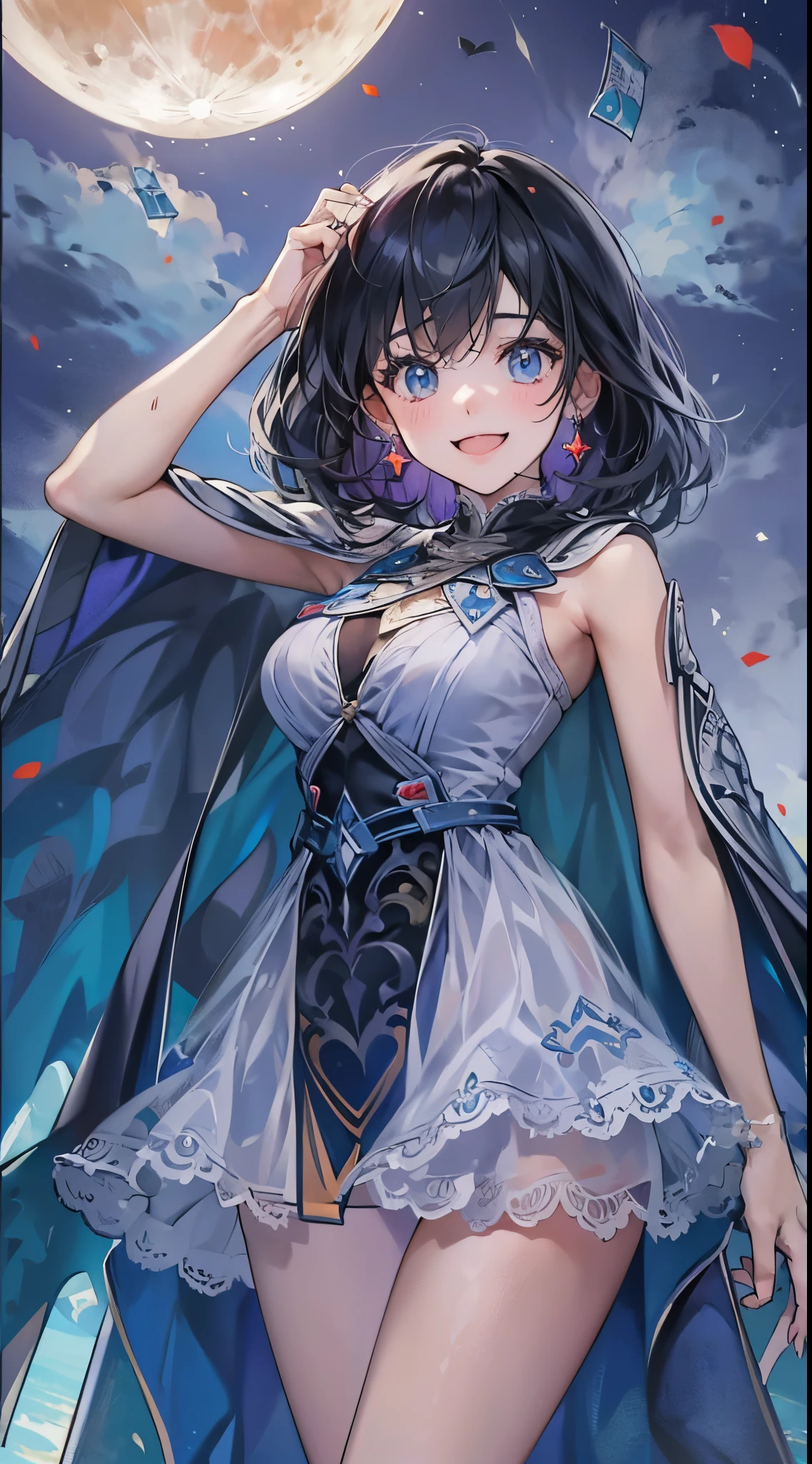 One lady,25-years old,(() ,(((colourfull))), (()), (())((I'm opening my mouth)),((micro skirt, bodysuit and short cloak))(A smile),,(A dark-haired,),((Fantasy,Moon Night))((Clothes are torn))