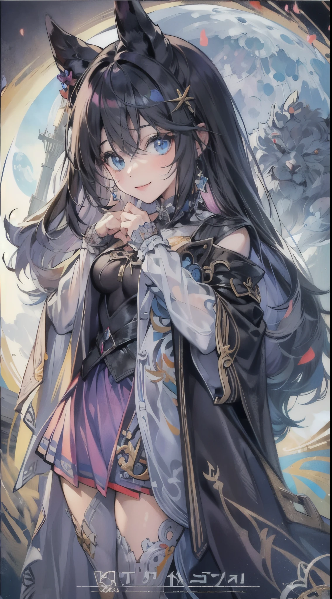 One lady,25-years old,(() ,(((colourfull))), (()), (())((I'm opening my mouth)),((micro skirt, bodysuit and short cloak))(A smile),,(A dark-haired,),((Fantasy,Moon Night))((Clothes are torn))