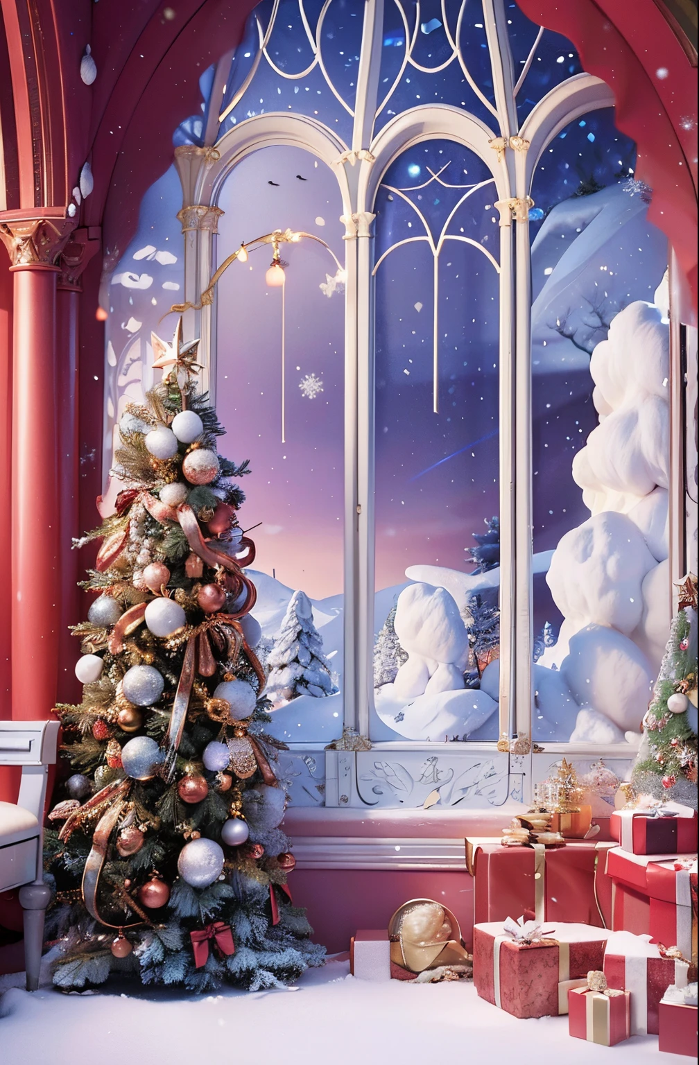 There a Christmas tree in Fader's room,There a gift in front of the window, fantasia de cena de inverno, light kingdom backdrop, Stunning mystery background, foreground background, hight decorated, lavishly decorated, Surreal, magical background, Magical fairy tale background, Snowy winter Christmas Eve, mall background, 3D amazing details, highly detailed scenario, Winter wonderland