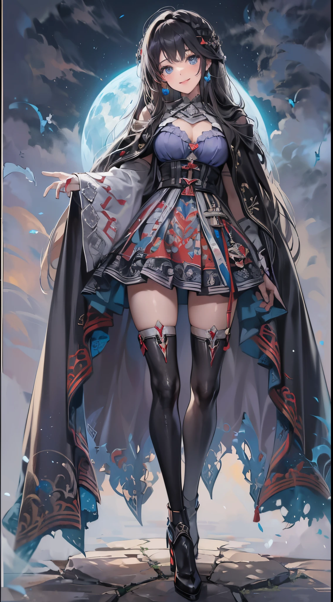 One lady,25-years old,(() ,(((colourfull))), (()), (())((I'm opening my mouth)),((micro skirt, bodysuit and short cloak))(A smile),,(A dark-haired,),((Fantasy,Moon Night))((Clothes are torn))