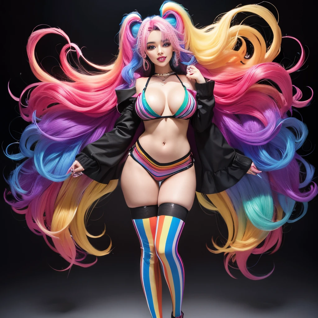 big hair,
color: spectrum,
full-body front,
hair extensions,
lip filler, rainbow bra
rainbow hair,
striped thigh-highs,
very long hair,
vivid colors, large breasts, sleeves, smile