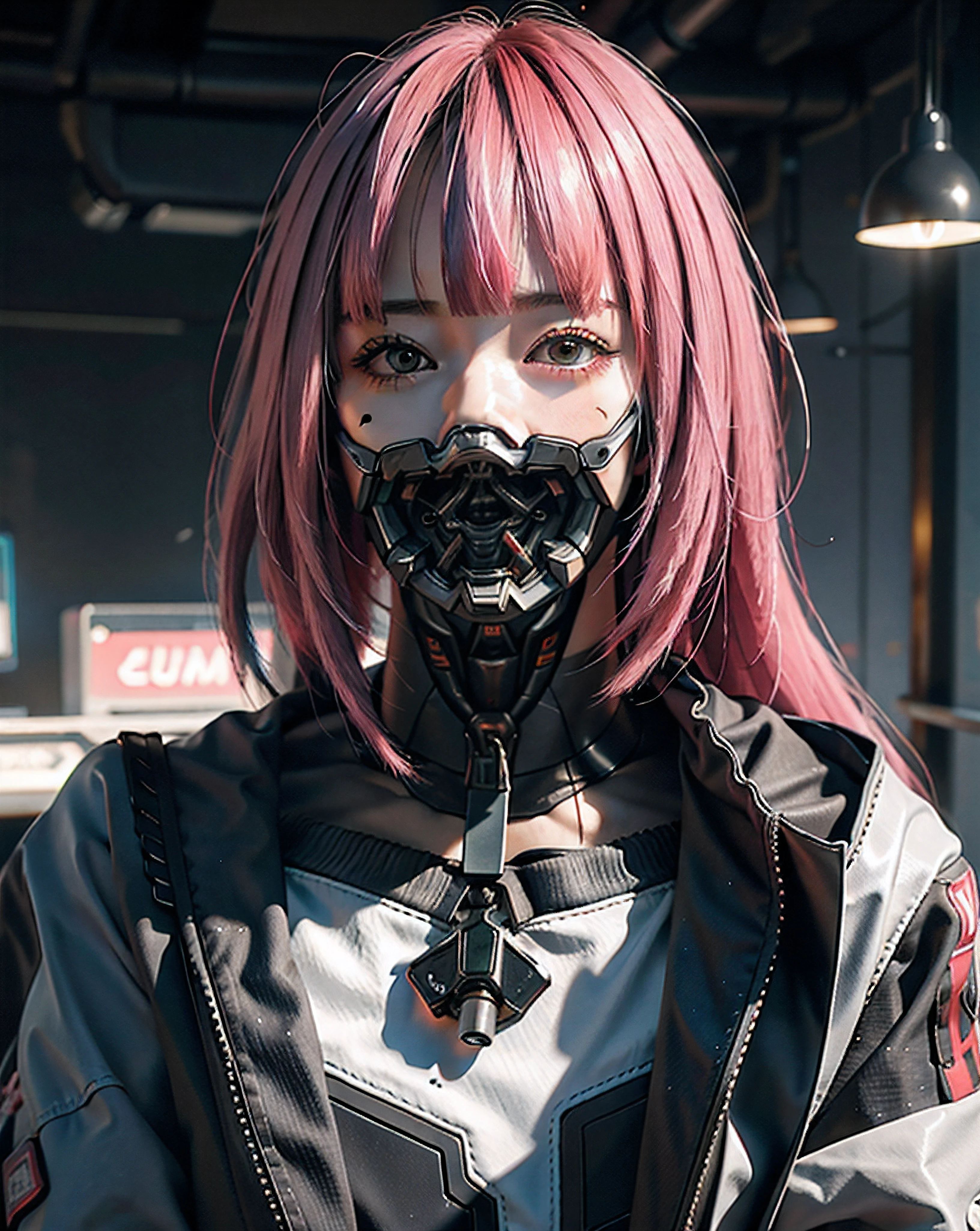(photorealistic:1.4), (best quality:1.0), (ultra highres:1.0), 8k, RAW photo, (masterpiece:0.2), portrait, face, close shot, 
Cybernetic_Jawless, mask, mechanical parts, cybernetic, 1girl, asian girl, pink hair with bangs, looking at viewer, 
(cyberpunk street:1.2)