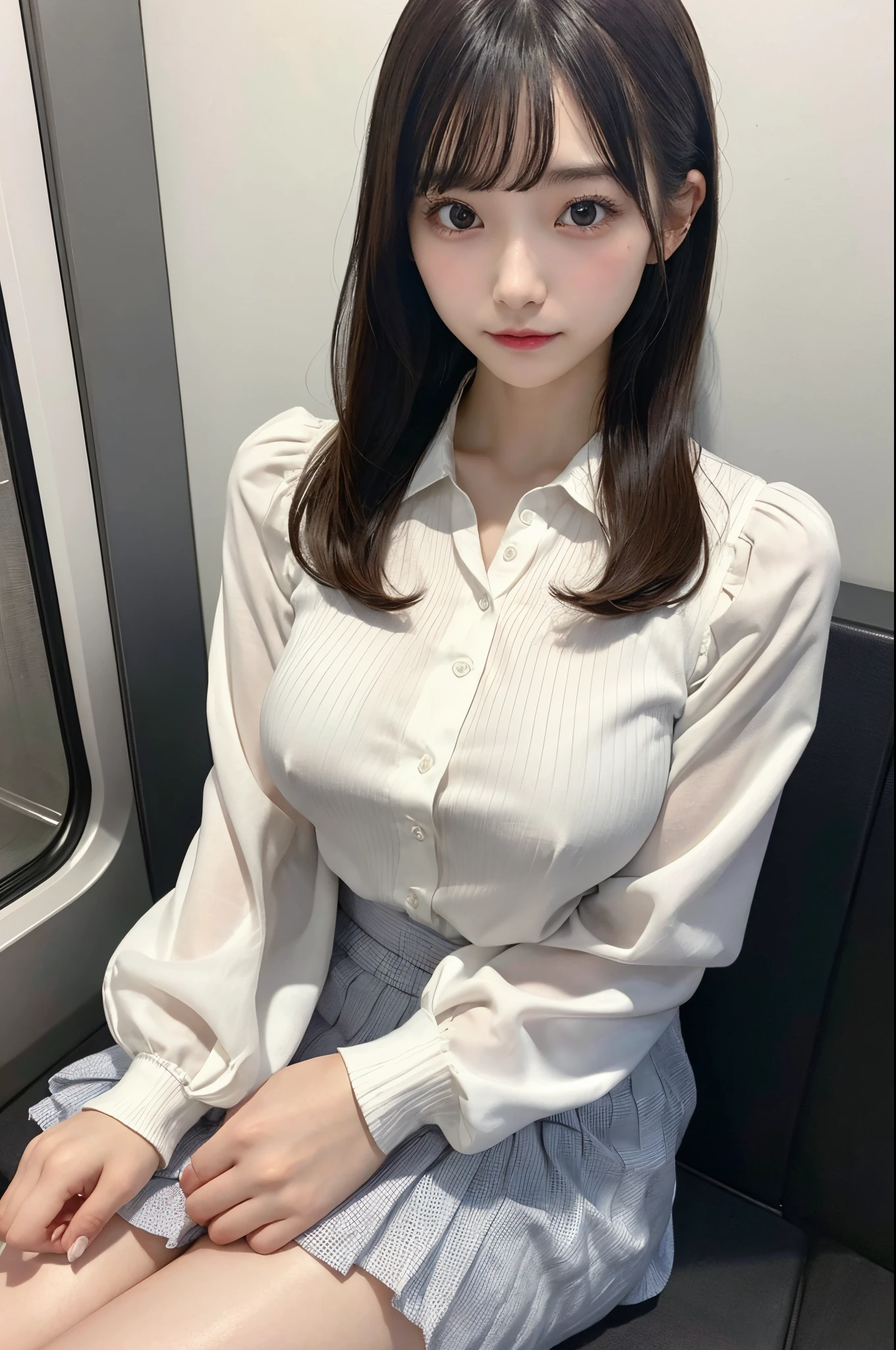 Top image quality、4K picture quality、Best Quality、huge tit、g-cup、22year old、japanes、short stature、Wearing a white blouse with a long-sleeved collar、Wearing a pleated miniskirt、Thin leg、sitting next to you on the Shinkansen