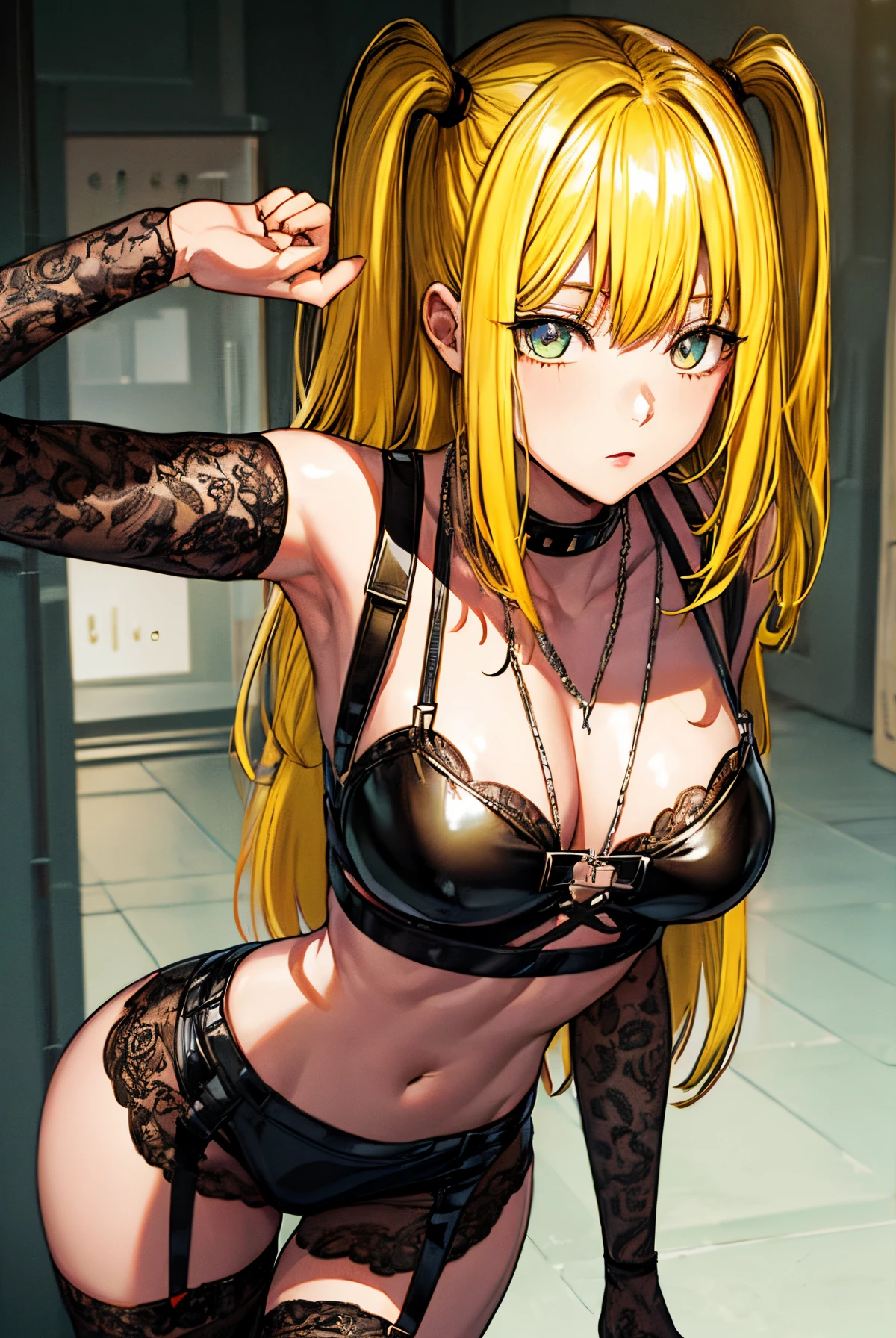 misaamane, misa amane, long hair, bangrown eyes:1.7), (yellow hair:1.5), blunt bangs, (two side up:1.5), red lips, lipstick, solo, 1girl, cowboy shot,
BREAK thighhighs, jewelry, collarbone, boots, detached sleeves, choker, black thighhighs, necklace, black footwear, black thong, black crop top, cleavage, medium breasts, garter straps, cross, red nails, cross necklace,
BREAK looking at viewer,
BREAK indoors,
BREAK (masterpiece:1.2), best quality, high resolution, unity 8k wallpaper, (illustration:0.8), (beautiful detailed eyes:1.6), extremely detailed face, perfect lighting, extremely detailed CG, (perfect hands, perfect anatomy),