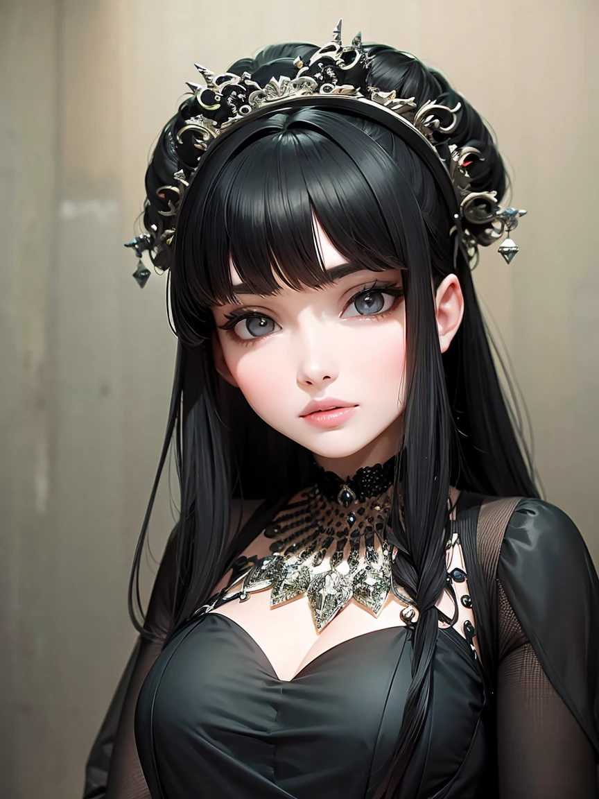Black and white-silver tones, Hell, purgatory, Mozart's Requiem, Mystical, horor, gotik, darkness, karo, badas, epidemic, ruler, Pitch Black Darkness, hopelessness, lamentation, oppression, nothingness, intense cold, Black Ghost, Adult female mature woman in her 40s, Queen of the Dead, Persephone, hades, awe, immortal, draconian, Awe-inspiring Hall々, Proud, noble, dignity, solemnity, Bewitching, hatred, Gorgeous dresses, jewely, ruthless, greed, 3-point live method, Oil Painting, Best Quality, hight resolution, foco nítido, Portrait of Queen D，Highly detailed footage of the Queen of the Dead，Stunning portrait of the Queen of the Exparted，Portrait of the Queen of the Dead，Full body close-up of the Queen of the Dead
