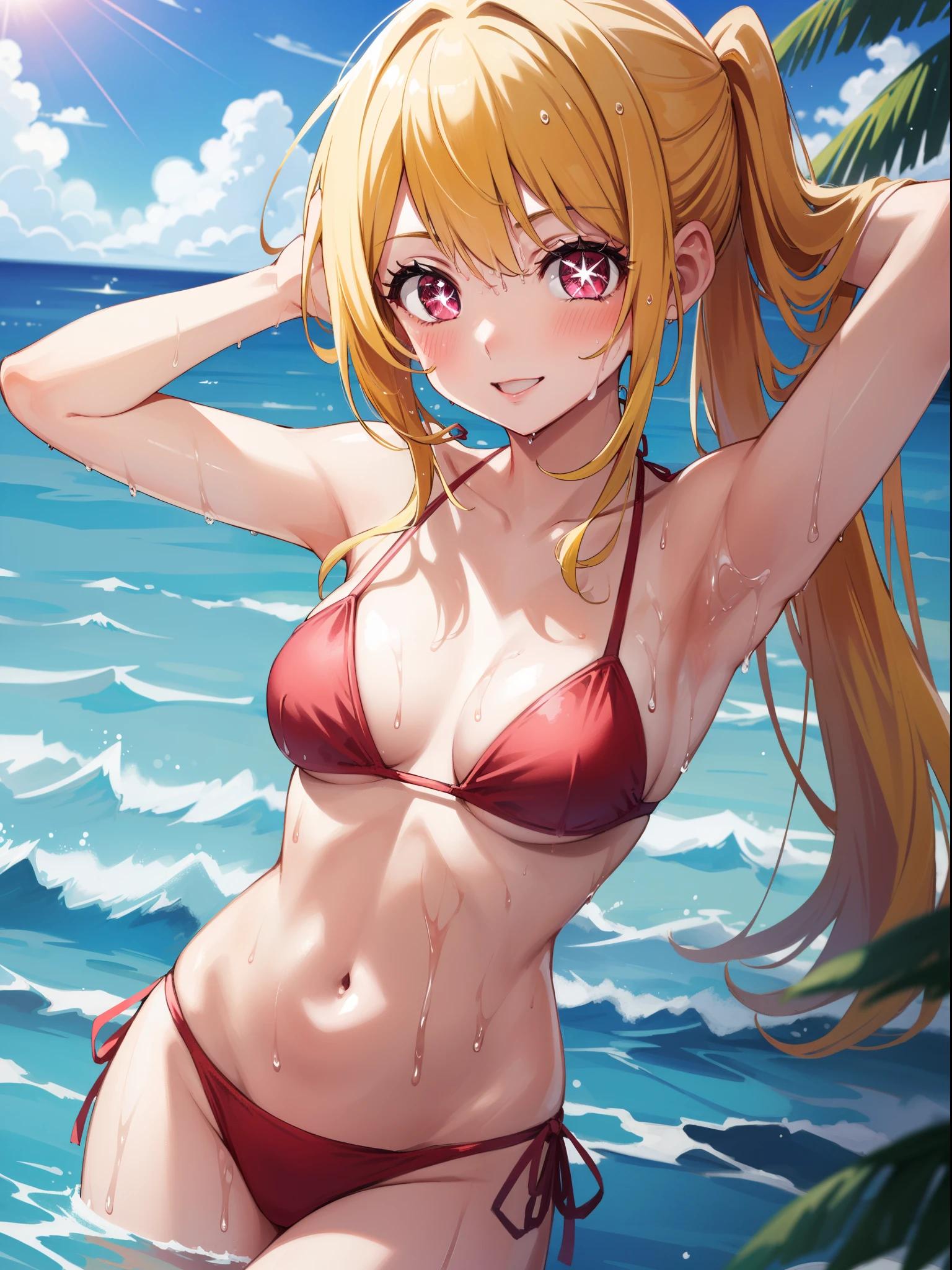1girl, ruby hoshino, (yellow hair:1.5), long hair, (pink eyes:1.5), sidelocks, (Star pupil in left eye:1.3), (Pink right eye:1.3), (blush:1.1), close mouth, (smile),
BREAK (string bikini:1.3), (red bikini:1.3), patternless bikini,, medium breasts, Naked, Exposed skin, (Wet skin:1.5), (arms behind head, armpits), standing, (s-shaped pose:1.3), (waist:1.3),
BREAK (sea:1.2), beach, (solar:1.2), morning,
BREAK looking at viewer, (close up:1.2),
BREAK (masterpiece:1.2), best quality, high resolution, unity 8k wallpaper, (illustration:0.8), (beautiful detailed eyes:1.6), extremely detailed face, perfect lighting, extremely detailed CG, (perfect hands, perfect anatomy)