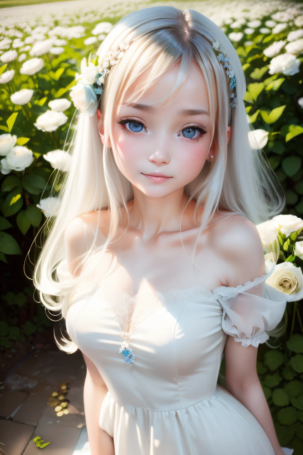Highest Quality, pale skin, (Face and eye details: 1.2), 1 girl, Very delicate and beautiful girl,Japanese, Wavy short hair,  snub nose, (somewhat childish appearance), ((very beautif)), curls, Whole body,Happy, With white flowers, coat, White background, a white world, she  standing at the top, White background, portrait of cute anime girlbabes, Anime visuals of cute girls, Anime girl in white dress with flowers in her hair, crisp clear rpg portrait, watercolor paiting,