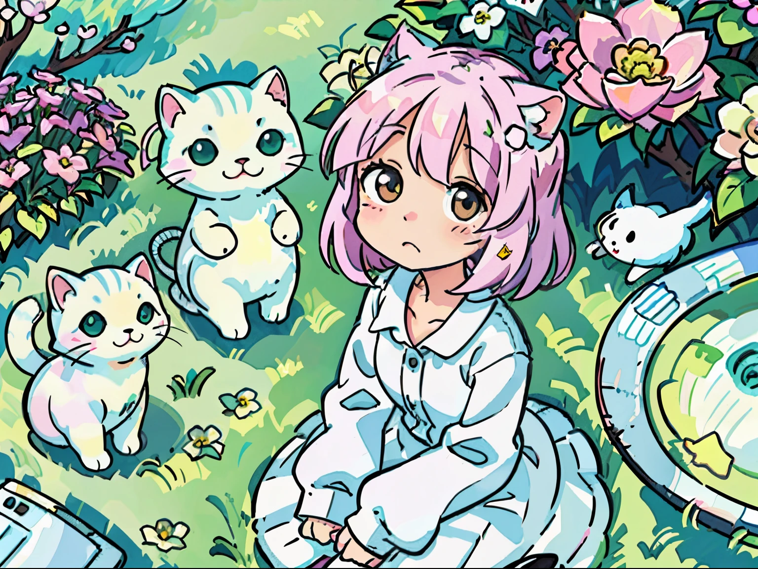 There  a white cat sitting on the green grass, lovely art style, Soft anime illustration, 、voice, Kawaii cat, white cat, Anime visuals of a cute cat, Official fan art, Cute and detailed digital art, anime cat, cute illustration, Official character illustrations, Furry cat, full-colour illustration, Anime style illustration, Cute cat, Digital anime illustration，Squat among the flowers，looks into camera，closeup cleavage, There are pink flowers around，simplebackground