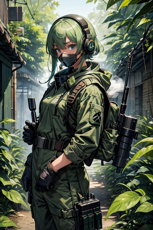 ​masterpiece, top-quality, MGS3EVA, tan jumpsuit, blue eyess, headphones around neck,Green hair, a belt, gloves, boots, Wagas, in jungle、Small、,Black rubber suit、Torn、polo、Fighting、gas masks、Camouflage pattern、younggirl、Black inner、backpack、Heavy equipment、guns、Shooting stance、Creeping forward、sniper rifles、gas grenade、Green smoke、foggy