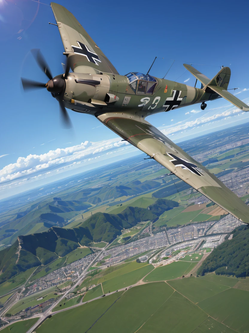 ((​masterpiece、top-quality、realisitic、ultra-detailliert、hight resolution、Photorealsitic、foco nítido、lighting like a movie))、Messerschmitt Bf109、german air force fighter、Luftwaffe、Meadow covered with green grass in the background、flying above the deep blue sky、fighter jet in flight、Reciprocating fighter、(dark blue sky on the background of mountains)