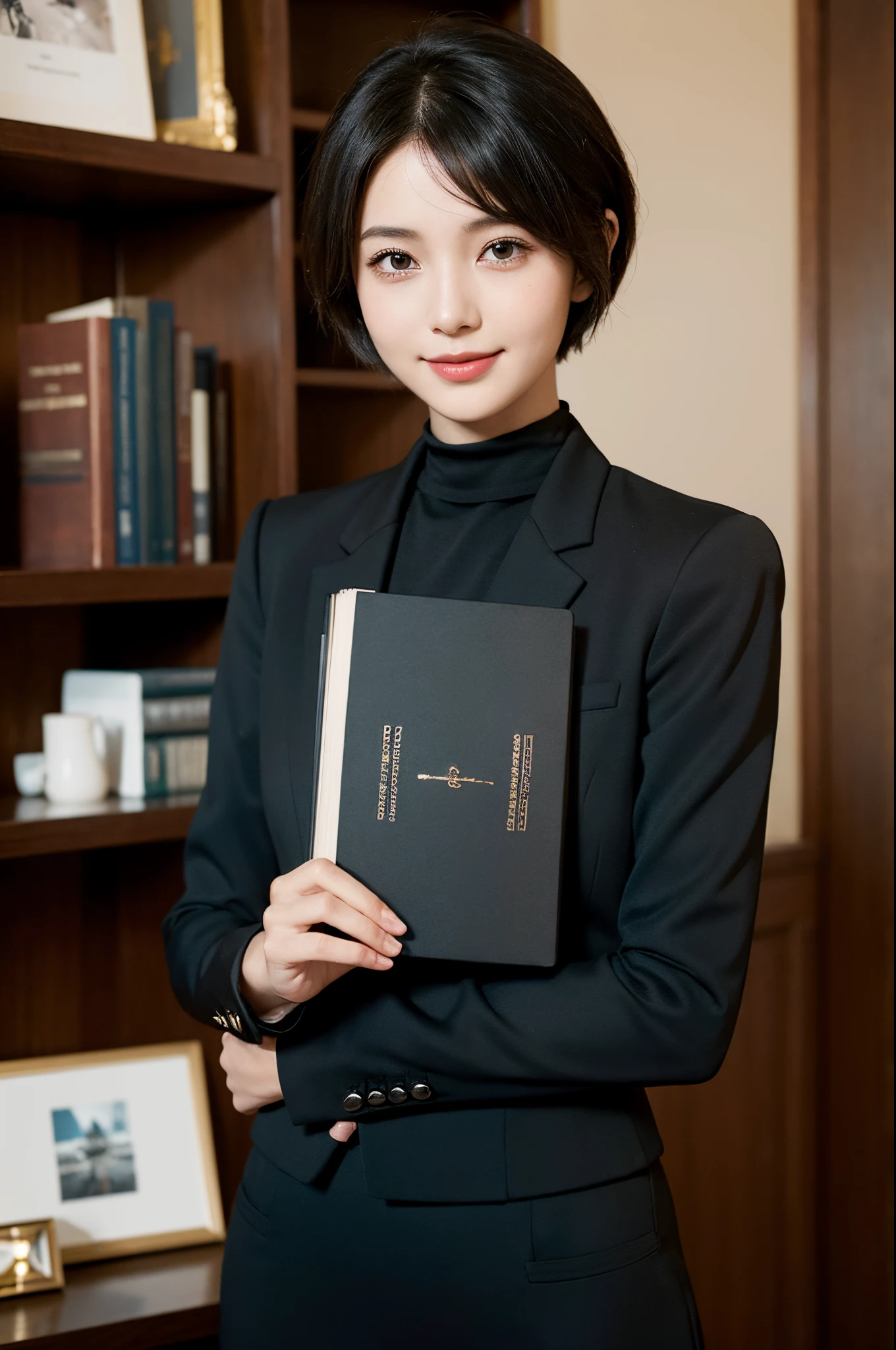 Gentle and cute girl,Short hair details,Wearing a black suit,Professional women,Professional Dress,Dignified and generous,ssmile,Exquisitehands,The effect of holding a book with both hands,Photographic works,high high quality,