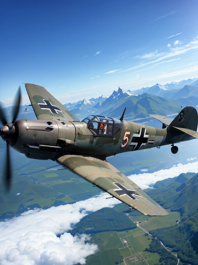 ((​masterpiece、top-quality、realisitic、ultra-detailliert、hight resolution、Photorealsitic、foco nítido、lighting like a movie))、Messerschmitt Bf109、german air force fighter、Luftwaffe、Meadow covered with green grass in the background、flying above the deep blue sky、fighter jet in flight、Reciprocating fighter、(dark blue sky on the background of mountains)