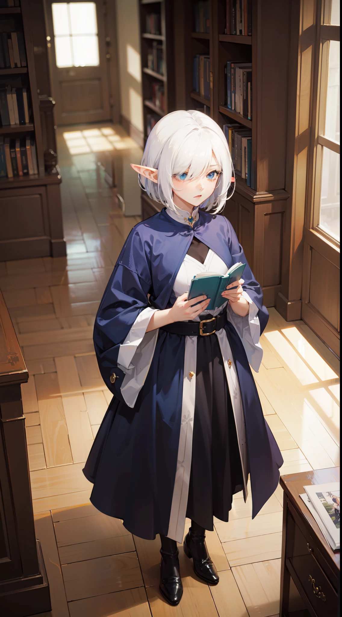 masterpiece,(bestquality),highly detailed,ultra-detailed, (elf), (1Girl), solo, (Holding a book), Middle Ages, Seinen style, art by Yusuke Murata, Elf, Bob cut hair, parted bangs, (hair over one eye), white hair, blue eyes, Full body character design, Candid Photography, studio ghibli styles, grand duchess library, meticulous, core, serene, dynamic composition,(depth of field:1.3), (blurry background:1.1), Ricoh GR III, from above, Sigma 24-70mm, artstation style by Artgerm, by Kawacy,