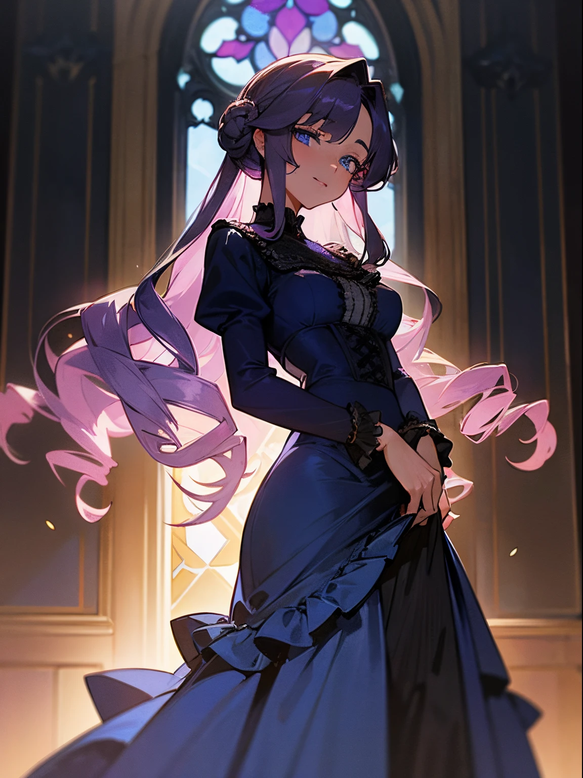 A mature woman with long curly violet hair, drill curls, side-swept fringe, one hair bun, blue eyes, light skin, soft smile, wearing a navy blue gown with black frills and laces, inside of a dark mansion with stained glass