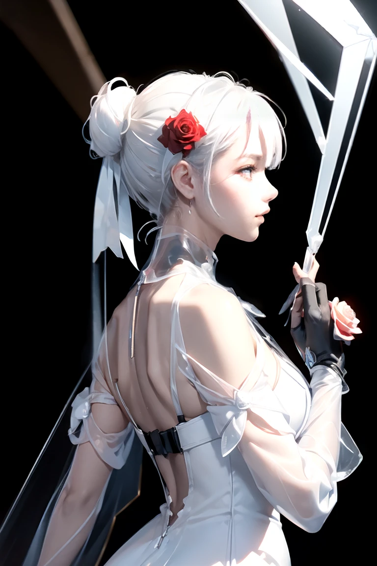 (PerfectNwsjMajic,Official art, Beautiful and aesthetic:1.2), Highest Quality,perfect masterpiece,Perfect Artwork,Formula works,8K,, (Upper body portrait:1.3),((Seen from the side:1.5)),close-up lenses,Delicate face,, 17 years old,white-haired girl,(hakuhatsu:1.5),Short and medium hair,((White transparent eyes:1.5)),(White Dress:1.2),(Transparent clothing:1.2),(Black background:1.3),, Pearl Illusion,Cyberpunk,fashion trend,3S Material,hight resolution,Detailed expression,C4D,。((A red rose)), .3D,Octane Rendering,Ray tracing,intricate-detail,Animated Lighting,Okrenderer,