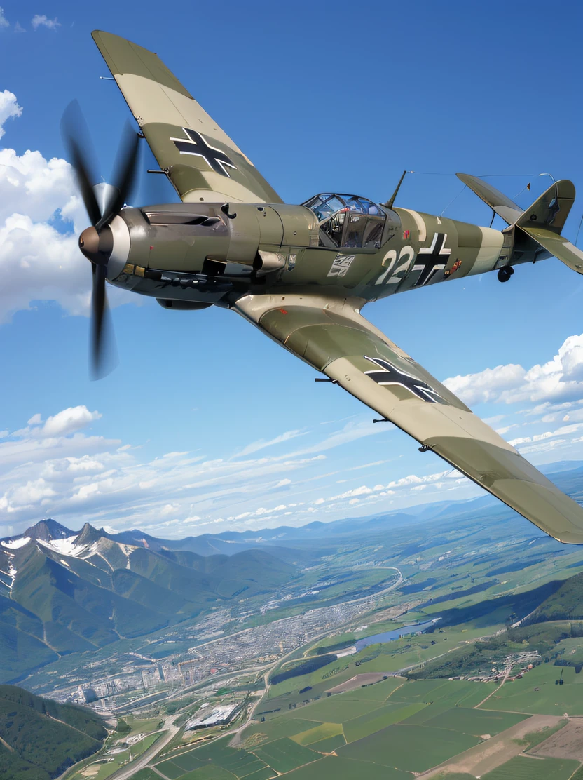 ((​masterpiece、top-quality、realisitic、ultra-detailliert、hight resolution、Photorealsitic、foco nítido、lighting like a movie))、Messerschmitt Bf109、german air force fighter、Luftwaffe、Meadow covered with green grass in the background、flying above the deep blue sky、fighter jet in flight、Reciprocating fighter、(dark blue sky on the background of mountains)