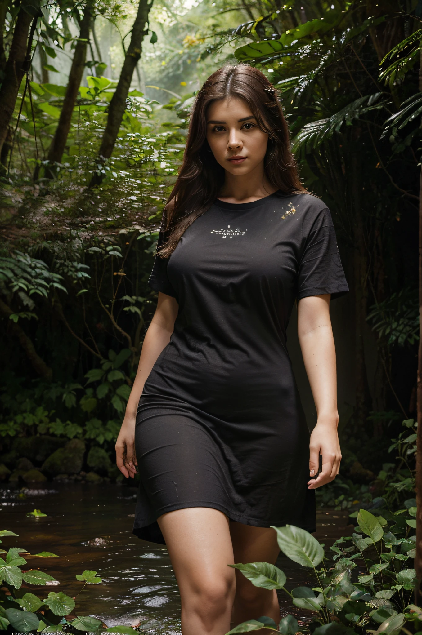((best quality)), ((masterpiece)), ((wear fully covered shirt)), (detailed),"Generate an ultra-realistic, high-resolution headshot of a 21-year-old girl with a black shirt that accentuates her curves.A young woman in a flowing dress walks through a lush forest filled with mystical creatures and glowing flowers. The air is filled with the sound of waterfalls and singing birds.