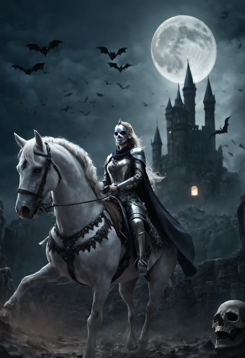 tmasterpiece，8k wallpaper，1 medieval female knight，silver mask，（Detailed mask details），perfect body figure，Hourglass figure，Riding on horseback，Outside the ruined castle，nigth，Darkness all around，High hanging moon，swarm of bats，（smooggy）（smooggy），Cool atmosphere，There&#39;s a skull on the ground，电影灯光，HighDynamicRange，Gothic style