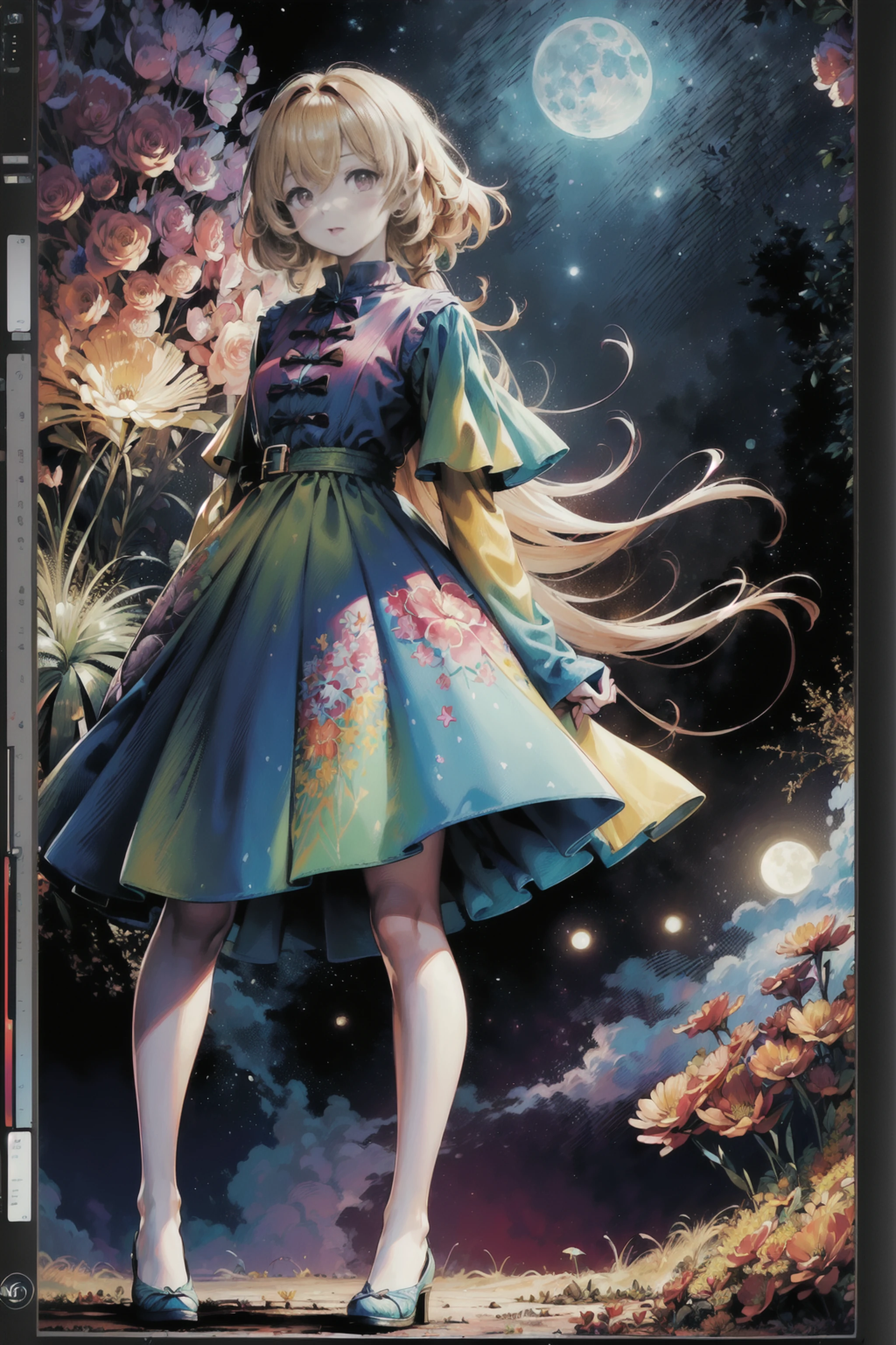 Color Ink Painting,(splash of color),Colorful splash,(((Colorful),(sketch:0.8), masutepiece,Best Quality, Beautifully painted,Highly detailed,(denoise:0.6 ), (Beautiful detailed sky),Moon,Very detailed,A masterpiece of rainbow RGB skin tones in Colorara color, Best Quality, Highly detailed CG Unity 8k wallpaper,masutepiece, Best Quality, ultra-detailliert, {Fantastic Media}, limited palette, One girl, Red Eyes, Blonde hair, Full body, Floral background