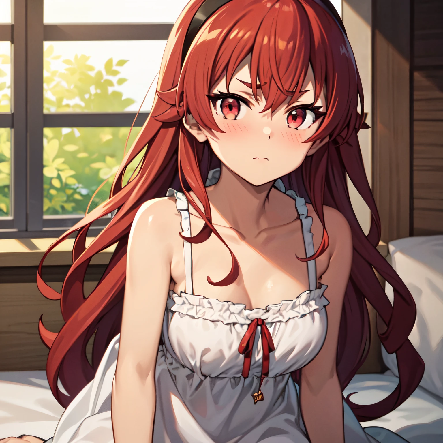 1girl, , , , (steam:1.3),10 years old, ,, ,, ,,,, eris boreas greyrat, closed mouth, nose blush, long hair, red hair, ahoge, red eyes, black hairband, nightgown, frills, bare shoulders, collarbone, sleeveless, sitting, on bed, looking at the viewer, indoors, window, night,,,, ,  , ,.,, glistening skin, , shiny skin, brown skin,