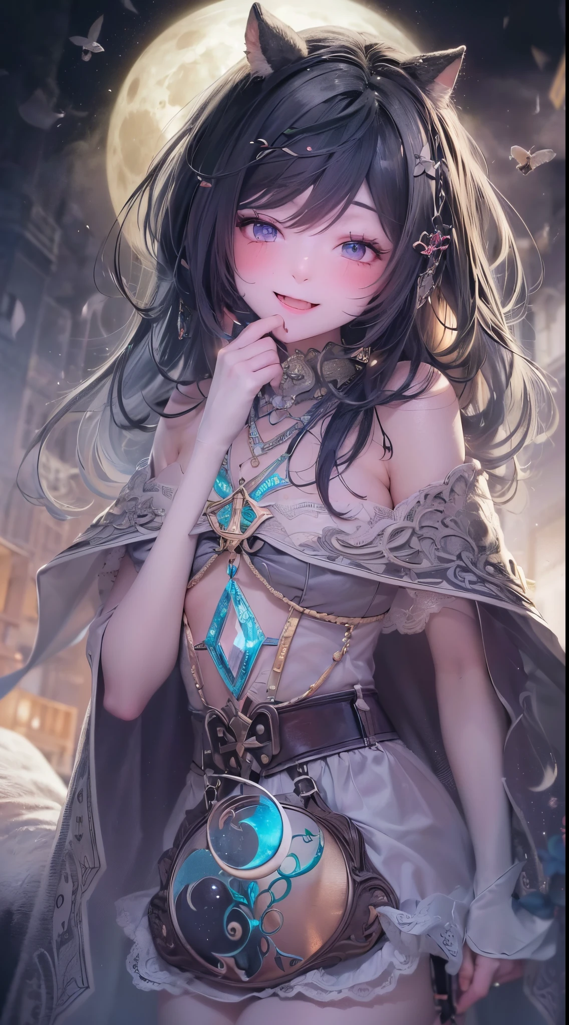 One lady,25-years old,(() ,(((colourfull))), (()), (())((I'm opening my mouth)),((micro skirt, bodysuit and short cloak))(A smile),,(A dark-haired,),((Fantasy,Moon Night))((Clothes are torn))