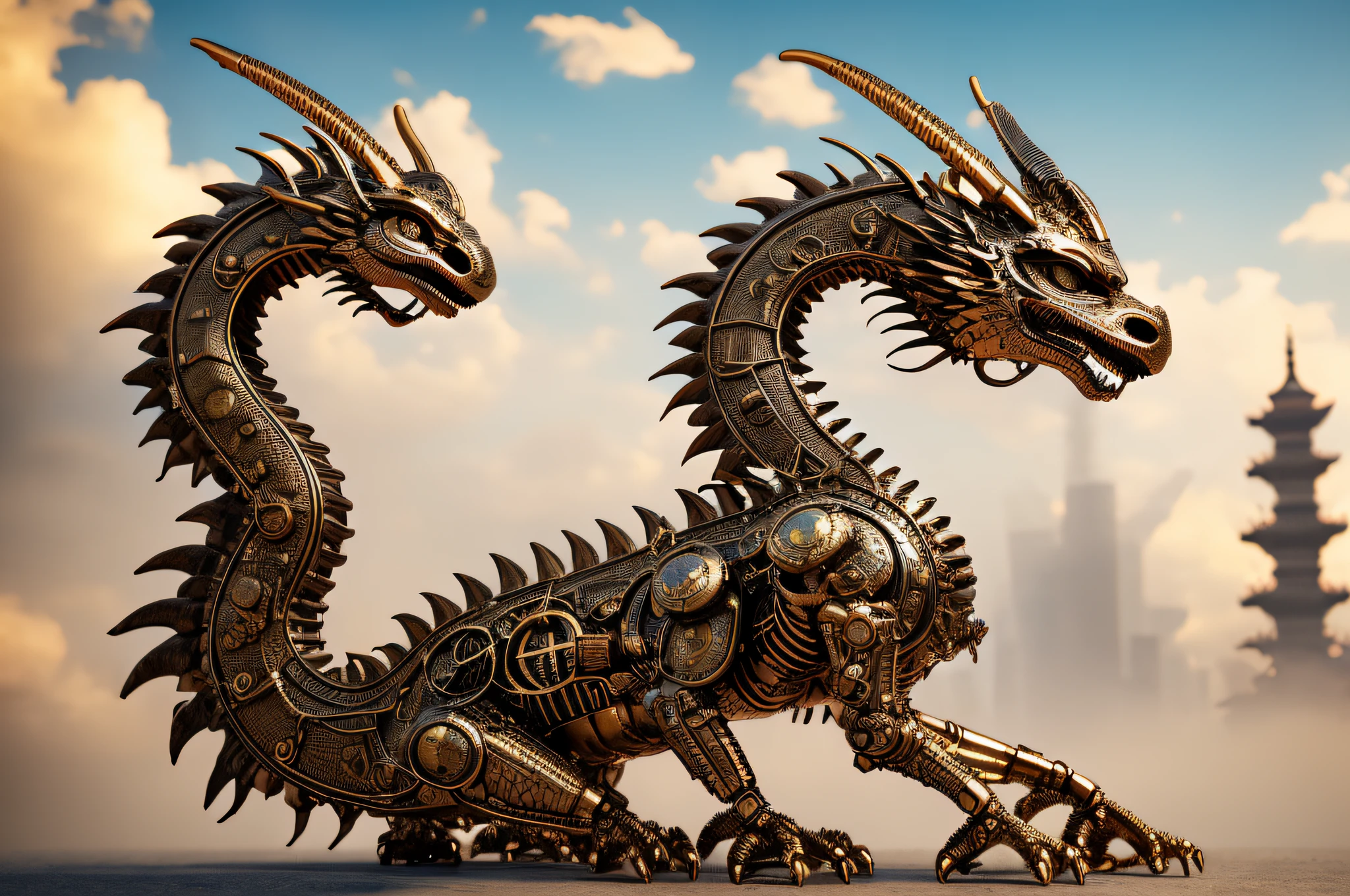 A mechanical oriental dragon stands on the outskirts of a Chinese city..., Chinese dragon in steampunk style, Oriental dragon in steampunk style, a rider sits astride a mechanical dragon, people are not afraid, Steampunk technology, Chinese city in steampunk style, steampunk era 14th century, Hyper-realistic, cinematic still, Film grain, 电影灯光, 極端なディテール, hiquality